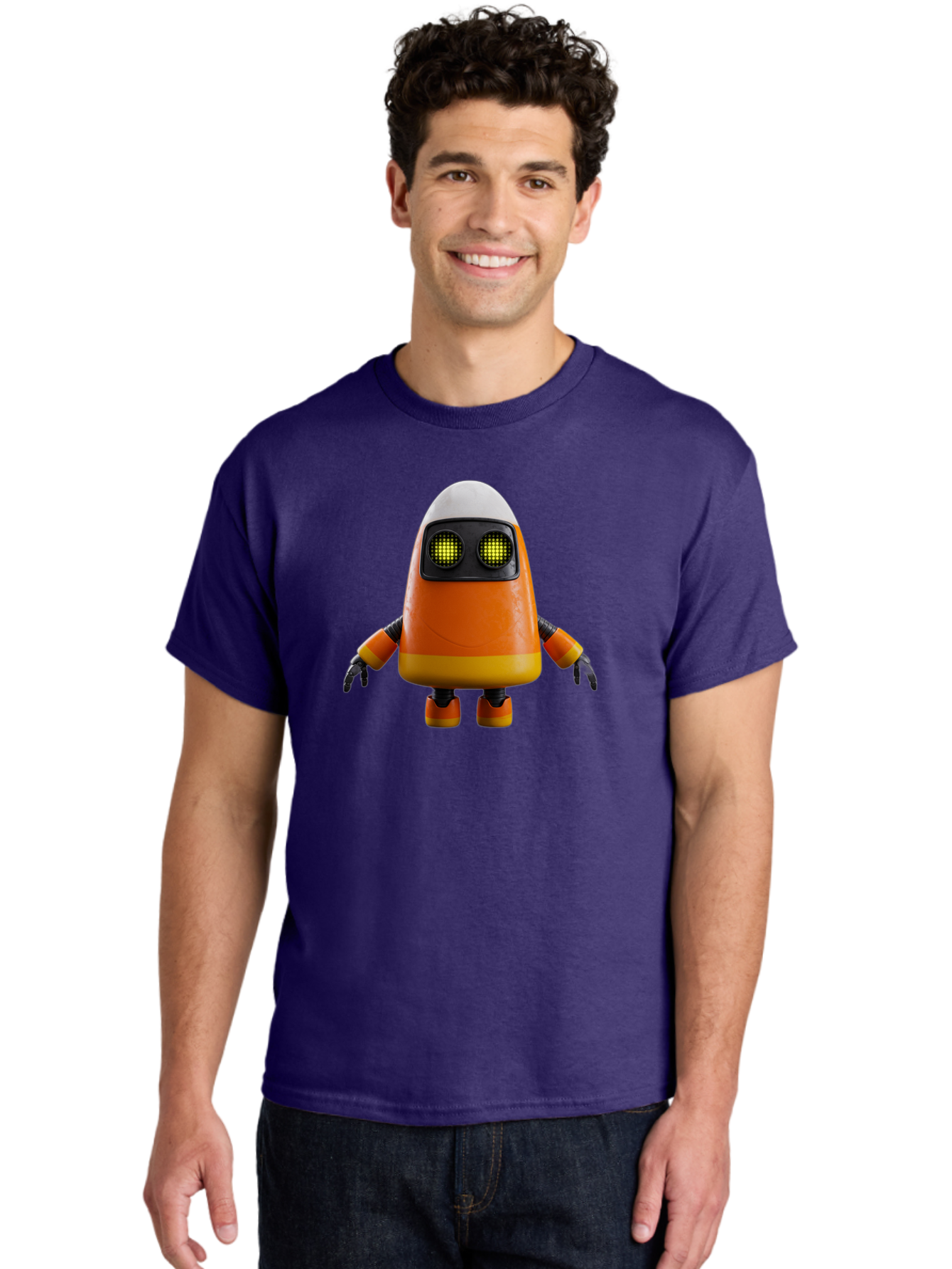 Orange-Robot Men'S Graphic Tee, 100% Cotton, Comfortable Casual Summer Wear, Machine Washable, Orange Robot, Futuristic Design, Robotic Character, Artificial Intelligence, Mechanical Limbs, Glowing Eyes, Digital Artwork, Sci-Fi Theme, Bad388