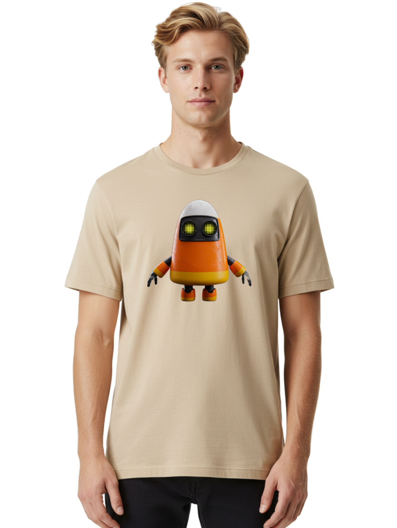 Orange-Robot Men'S Graphic Tee, 100% Cotton, Comfortable Casual Summer Wear, Machine Washable, Orange Robot, Futuristic Design, Robotic Character, Artificial Intelligence, Mechanical Limbs, Glowing Eyes, Digital Artwork, Sci-Fi Theme, Bad388