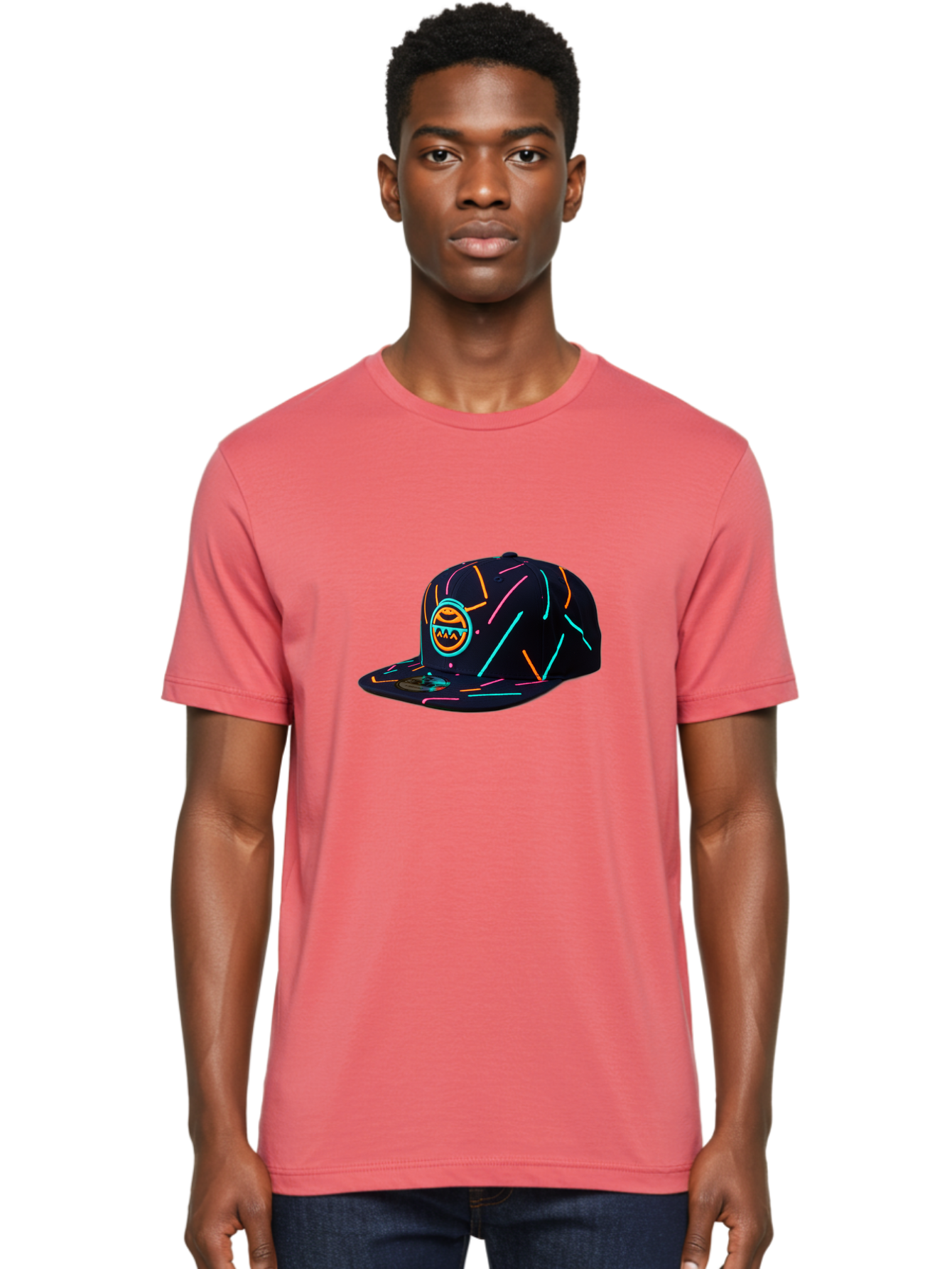 Pacman-Baseball-Cap Men'S Graphic Tee, 100% Cotton, Comfortable Casual Summer Wear, Machine Washable, Black Baseball Cap, Neon Lines, Neon Logo, Streetwear Fashion, Casual Style, Baseball Cap Design, Trendy Accessory, Neon Light, Orange, Blue, Bad390