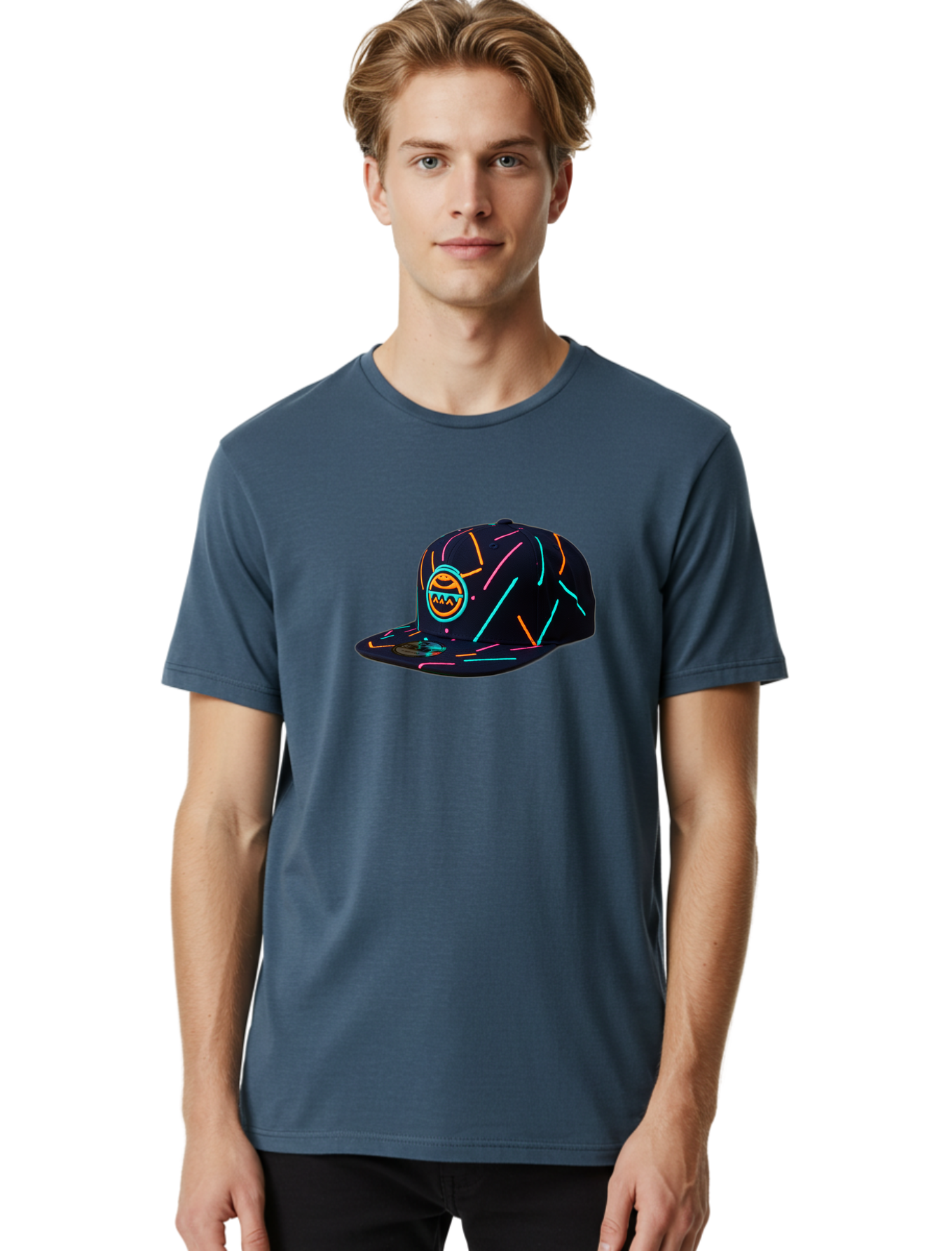 Pacman-Baseball-Cap Men'S Graphic Tee, 100% Cotton, Comfortable Casual Summer Wear, Machine Washable, Black Baseball Cap, Neon Lines, Neon Logo, Streetwear Fashion, Casual Style, Baseball Cap Design, Trendy Accessory, Neon Light, Orange, Blue, Bad390