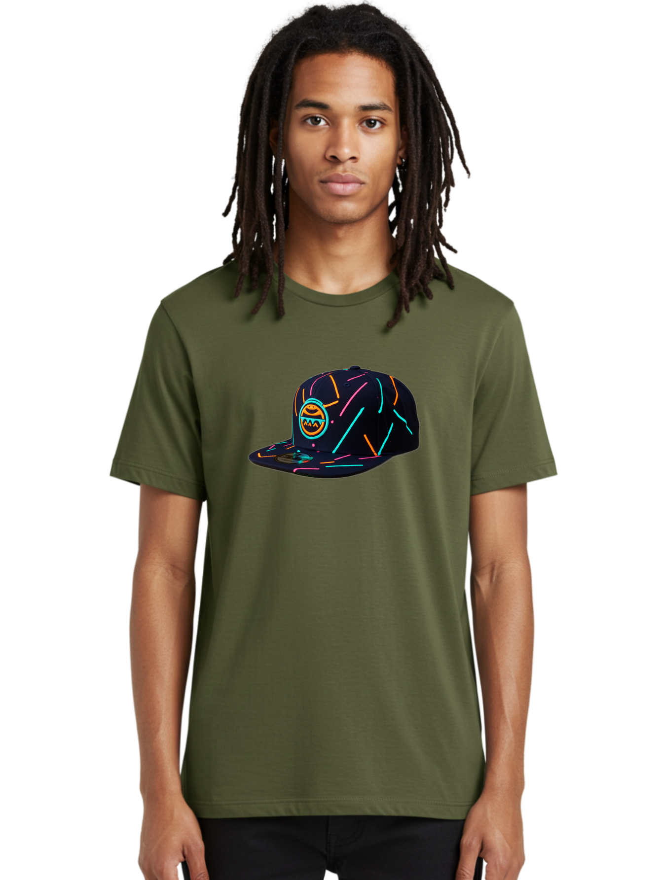 Pacman-Baseball-Cap Men'S Graphic Tee, 100% Cotton, Comfortable Casual Summer Wear, Machine Washable, Black Baseball Cap, Neon Lines, Neon Logo, Streetwear Fashion, Casual Style, Baseball Cap Design, Trendy Accessory, Neon Light, Orange, Blue, Bad390