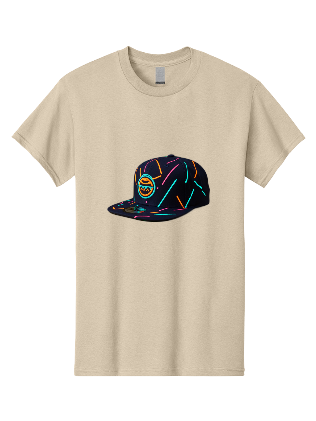 Pacman-Baseball-Cap Men'S Graphic Tee, 100% Cotton, Comfortable Casual Summer Wear, Machine Washable, Black Baseball Cap, Neon Lines, Neon Logo, Streetwear Fashion, Casual Style, Baseball Cap Design, Trendy Accessory, Neon Light, Orange, Blue, Bad390