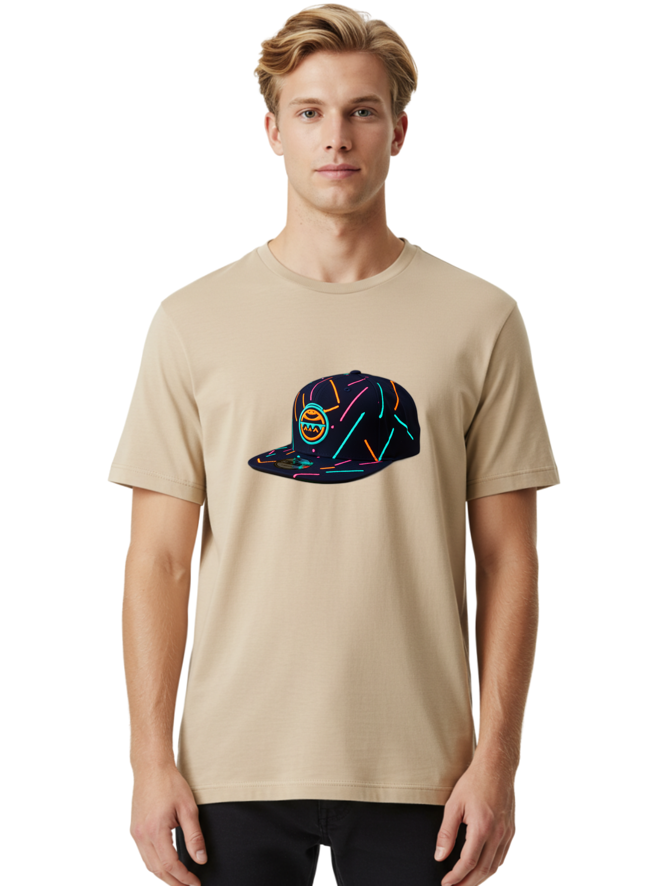 Pacman-Baseball-Cap Men'S Graphic Tee, 100% Cotton, Comfortable Casual Summer Wear, Machine Washable, Black Baseball Cap, Neon Lines, Neon Logo, Streetwear Fashion, Casual Style, Baseball Cap Design, Trendy Accessory, Neon Light, Orange, Blue, Bad390