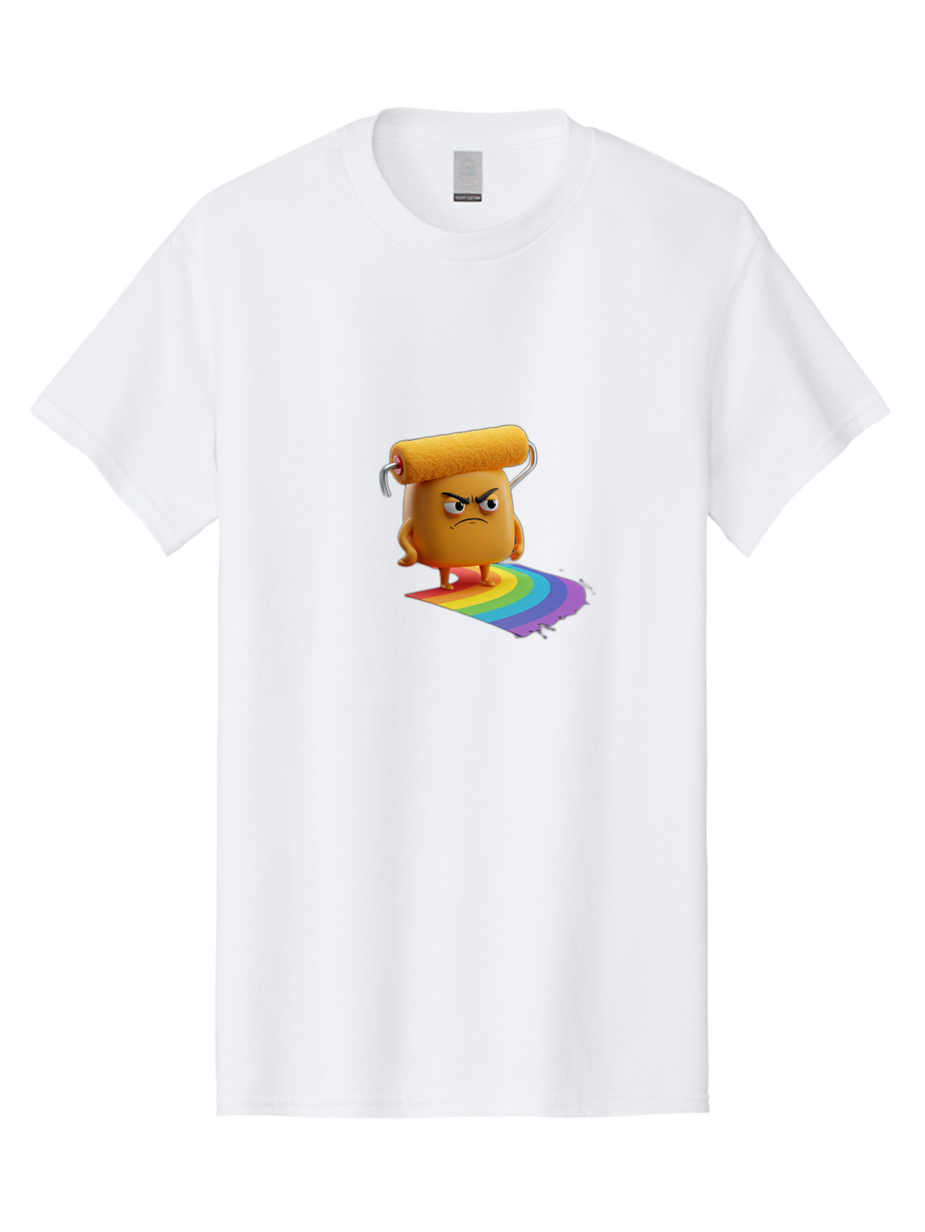 Paint-Roller-1 Men'S Graphic Tee, 100% Cotton, Comfortable Casual Summer Wear, Machine Washable, Paint Roller Character With Angry Face, Rainbow Trail, Vibrant Colors, Creative Art, Colorful Design, Quirky Character, Artistic Expression, Bad393