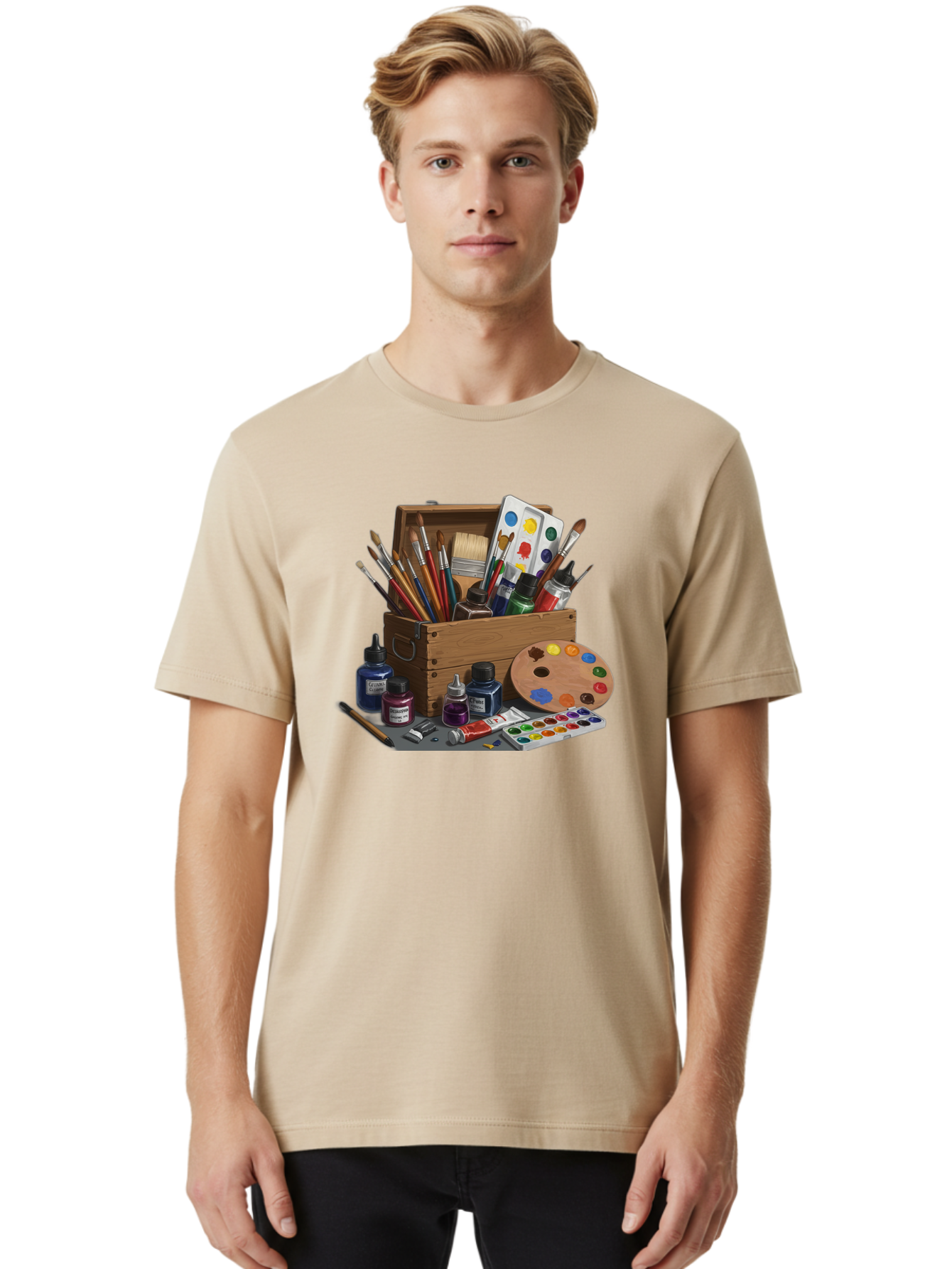 Paintbox Men'S Graphic Tee, 100% Cotton, Comfortable Casual Summer Wear, Machine Washable, Art Supplies, Paintbrushes, Paint Bottles, Palette, Artistic Creativity, Colorful Paints, Painting Tools, Artistic Expression, Art Materials, Bad396