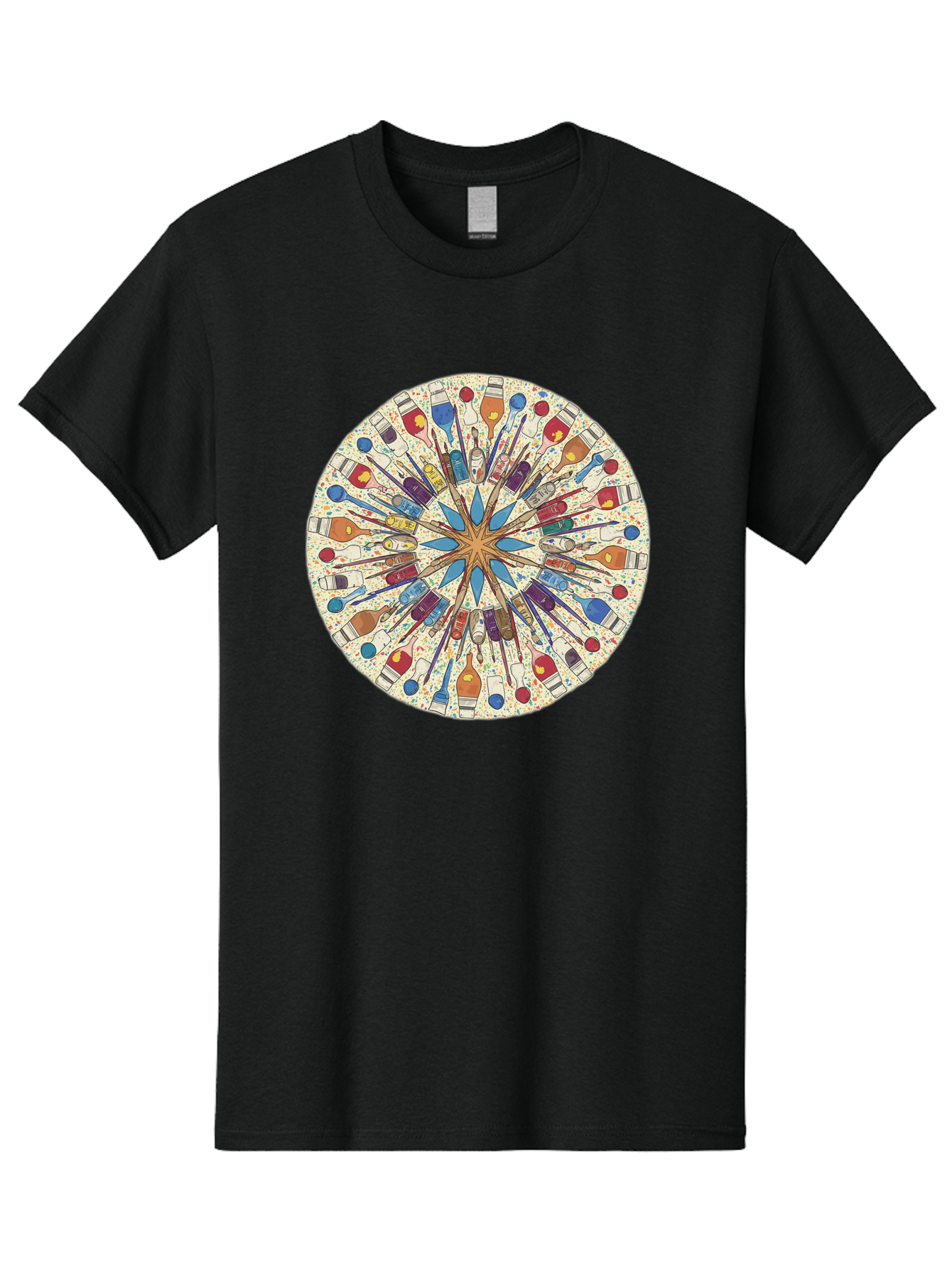 Paints-And-Brushes Men'S Graphic Tee, 100% Cotton, Comfortable Casual Summer Wear, Machine Washable, Mandala Art, Paint Bottles, Paint Brushes, Artistic Creativity, Vibrant Colors, Artistic Expression, Creative Design, Art Supplies, Bad398