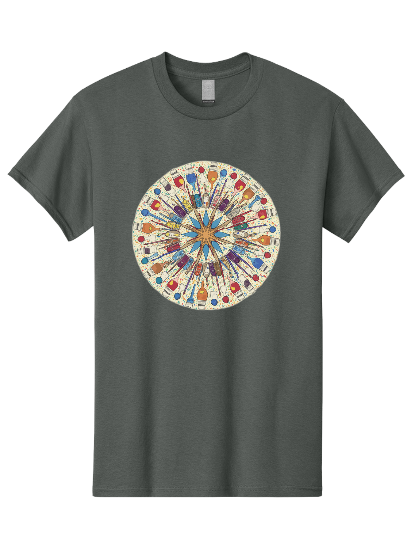Paints-And-Brushes Men'S Graphic Tee, 100% Cotton, Comfortable Casual Summer Wear, Machine Washable, Mandala Art, Paint Bottles, Paint Brushes, Artistic Creativity, Vibrant Colors, Artistic Expression, Creative Design, Art Supplies, Bad398