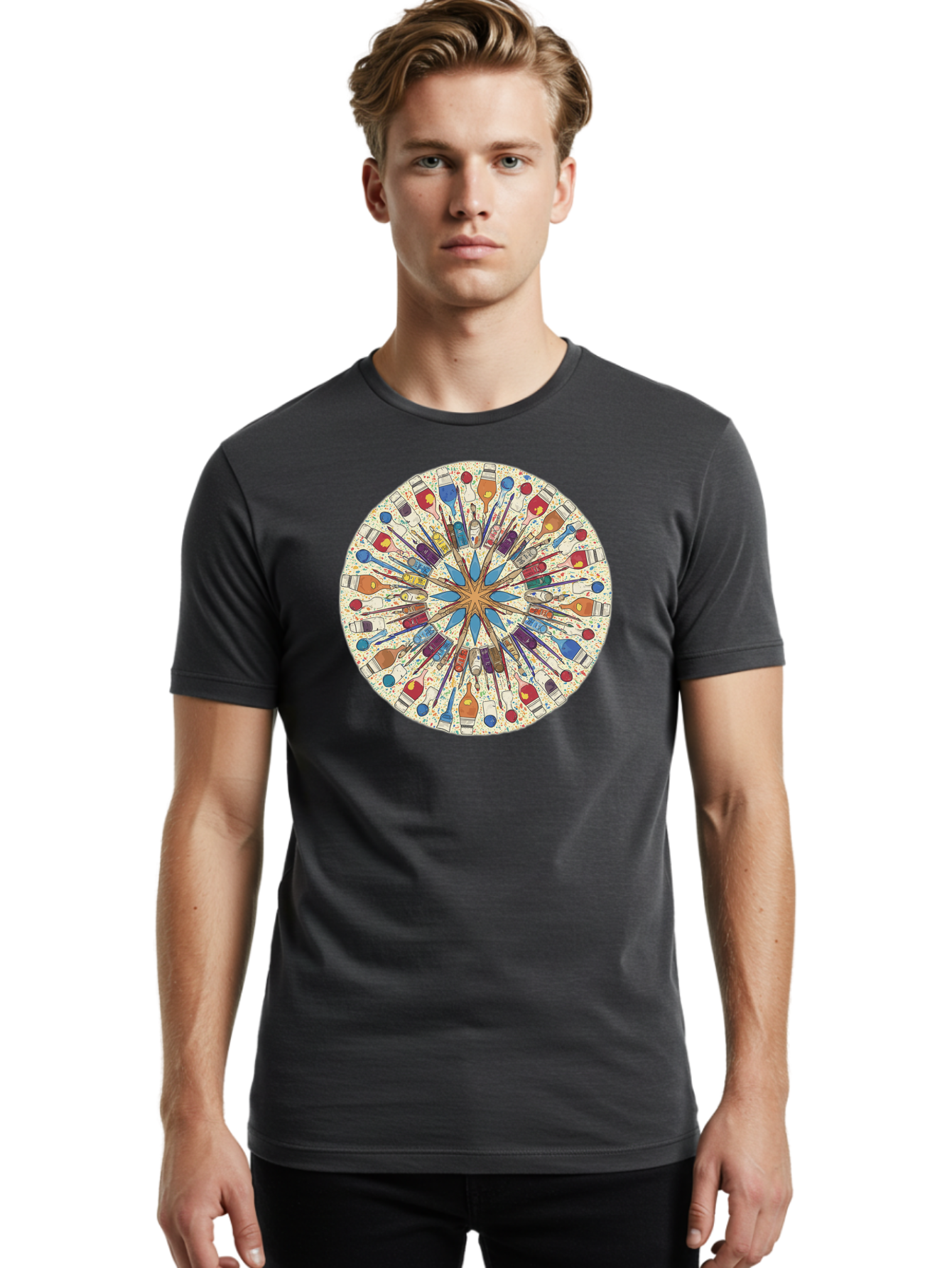 Paints-And-Brushes Men'S Graphic Tee, 100% Cotton, Comfortable Casual Summer Wear, Machine Washable, Mandala Art, Paint Bottles, Paint Brushes, Artistic Creativity, Vibrant Colors, Artistic Expression, Creative Design, Art Supplies, Bad398