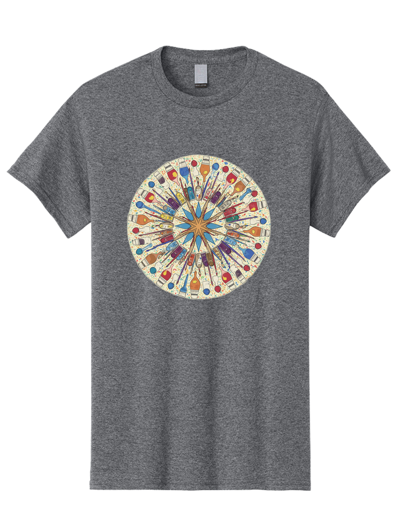 Paints-And-Brushes Men'S Graphic Tee, 100% Cotton, Comfortable Casual Summer Wear, Machine Washable, Mandala Art, Paint Bottles, Paint Brushes, Artistic Creativity, Vibrant Colors, Artistic Expression, Creative Design, Art Supplies, Bad398