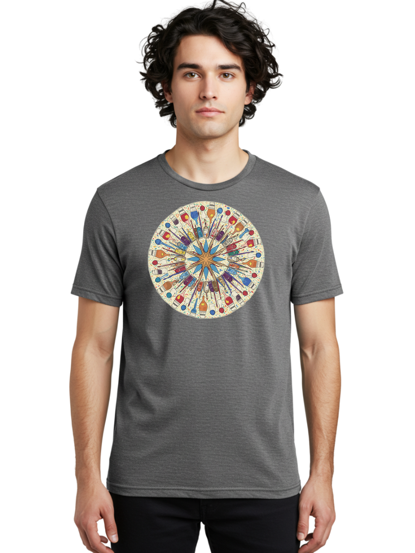 Paints-And-Brushes Men'S Graphic Tee, 100% Cotton, Comfortable Casual Summer Wear, Machine Washable, Mandala Art, Paint Bottles, Paint Brushes, Artistic Creativity, Vibrant Colors, Artistic Expression, Creative Design, Art Supplies, Bad398