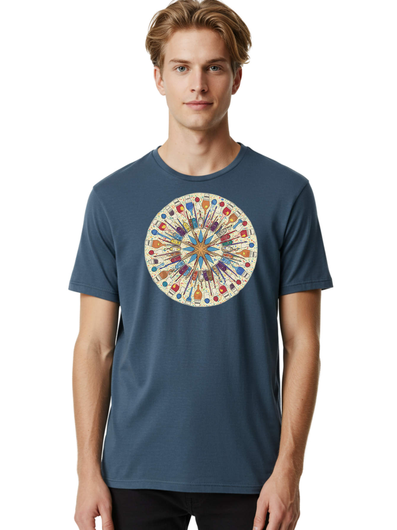 Paints-And-Brushes Men'S Graphic Tee, 100% Cotton, Comfortable Casual Summer Wear, Machine Washable, Mandala Art, Paint Bottles, Paint Brushes, Artistic Creativity, Vibrant Colors, Artistic Expression, Creative Design, Art Supplies, Bad398