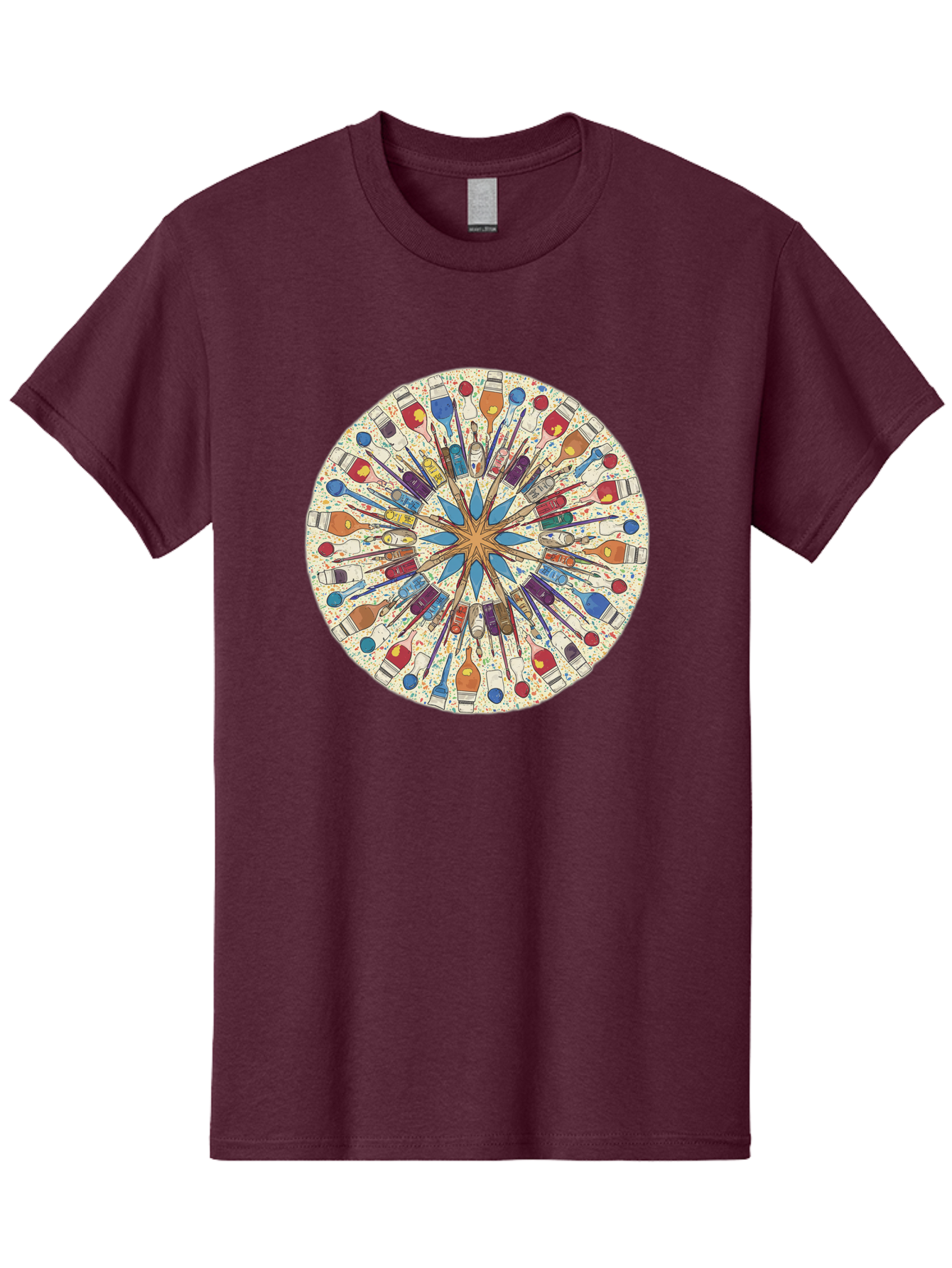 Paints-And-Brushes Men'S Graphic Tee, 100% Cotton, Comfortable Casual Summer Wear, Machine Washable, Mandala Art, Paint Bottles, Paint Brushes, Artistic Creativity, Vibrant Colors, Artistic Expression, Creative Design, Art Supplies, Bad398