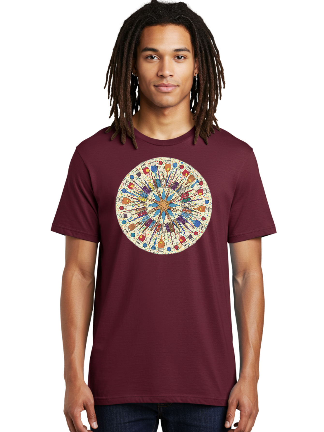 Paints-And-Brushes Men'S Graphic Tee, 100% Cotton, Comfortable Casual Summer Wear, Machine Washable, Mandala Art, Paint Bottles, Paint Brushes, Artistic Creativity, Vibrant Colors, Artistic Expression, Creative Design, Art Supplies, Bad398