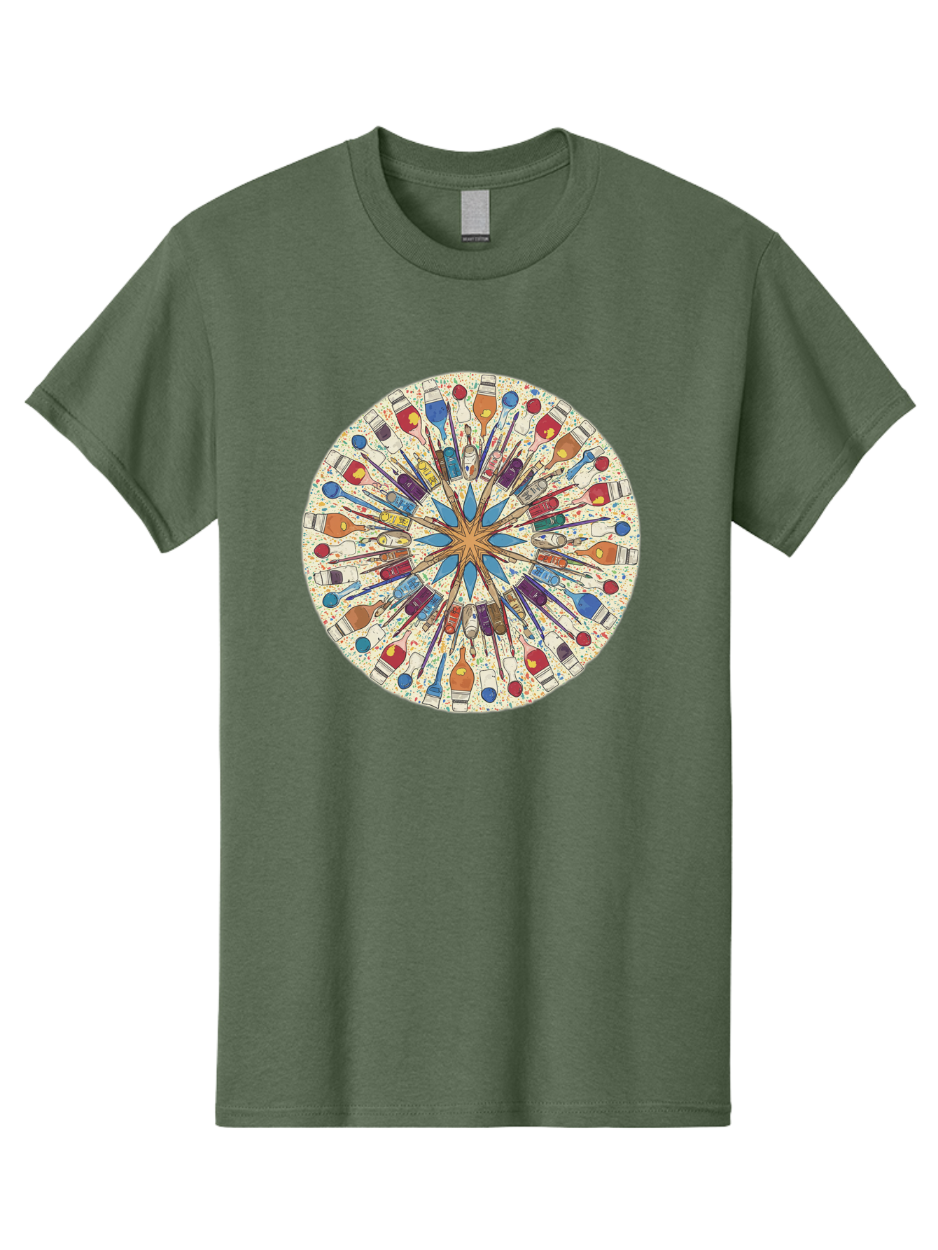 Paints-And-Brushes Men'S Graphic Tee, 100% Cotton, Comfortable Casual Summer Wear, Machine Washable, Mandala Art, Paint Bottles, Paint Brushes, Artistic Creativity, Vibrant Colors, Artistic Expression, Creative Design, Art Supplies, Bad398