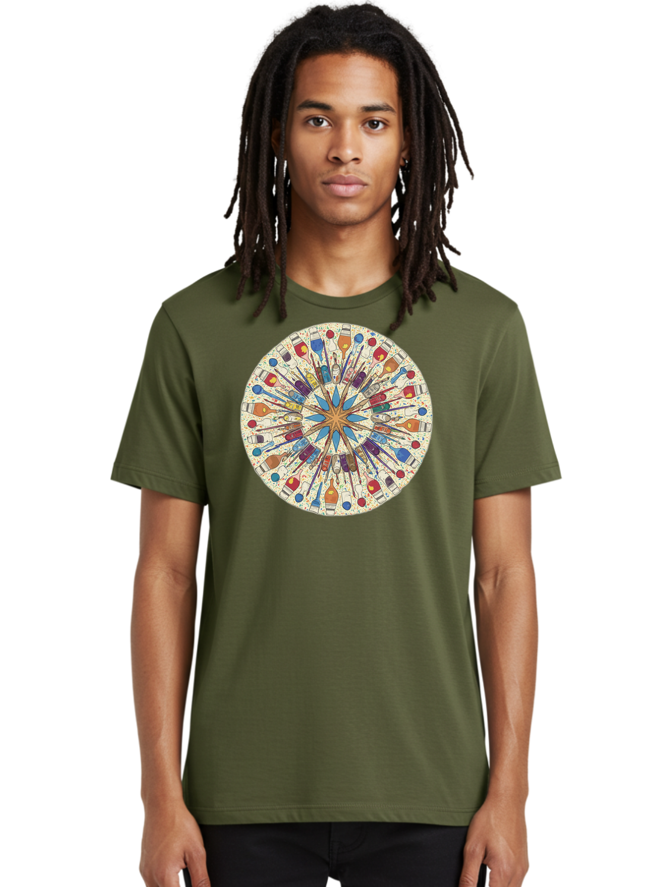 Paints-And-Brushes Men'S Graphic Tee, 100% Cotton, Comfortable Casual Summer Wear, Machine Washable, Mandala Art, Paint Bottles, Paint Brushes, Artistic Creativity, Vibrant Colors, Artistic Expression, Creative Design, Art Supplies, Bad398