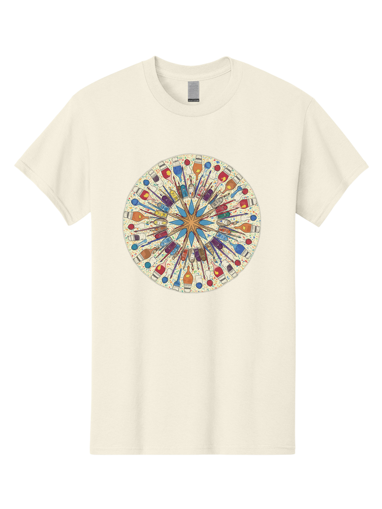 Paints-And-Brushes Men'S Graphic Tee, 100% Cotton, Comfortable Casual Summer Wear, Machine Washable, Mandala Art, Paint Bottles, Paint Brushes, Artistic Creativity, Vibrant Colors, Artistic Expression, Creative Design, Art Supplies, Bad398