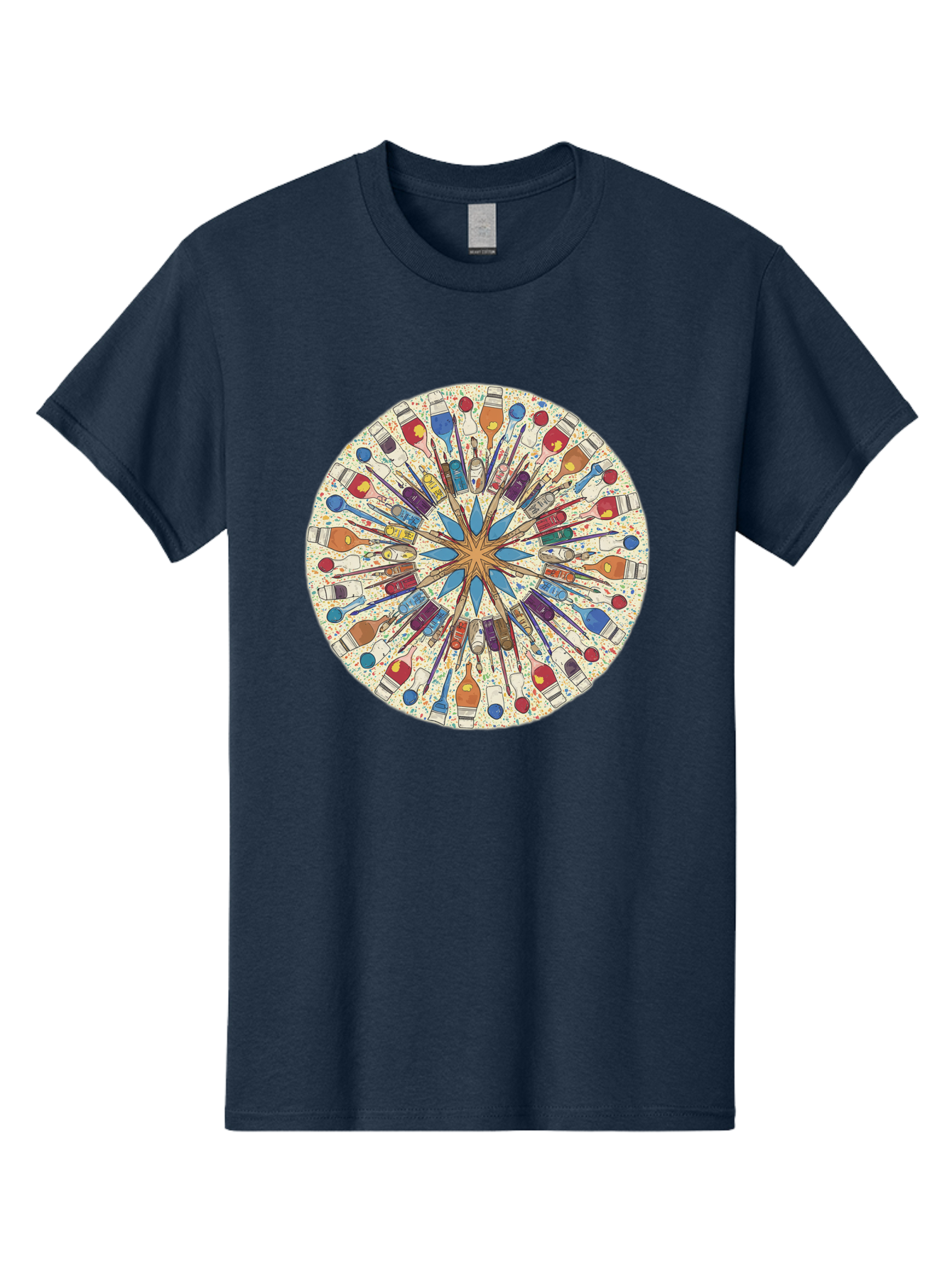 Paints-And-Brushes Men'S Graphic Tee, 100% Cotton, Comfortable Casual Summer Wear, Machine Washable, Mandala Art, Paint Bottles, Paint Brushes, Artistic Creativity, Vibrant Colors, Artistic Expression, Creative Design, Art Supplies, Bad398