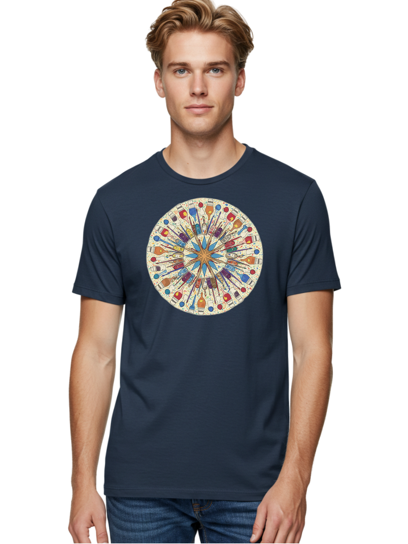 Paints-And-Brushes Men'S Graphic Tee, 100% Cotton, Comfortable Casual Summer Wear, Machine Washable, Mandala Art, Paint Bottles, Paint Brushes, Artistic Creativity, Vibrant Colors, Artistic Expression, Creative Design, Art Supplies, Bad398