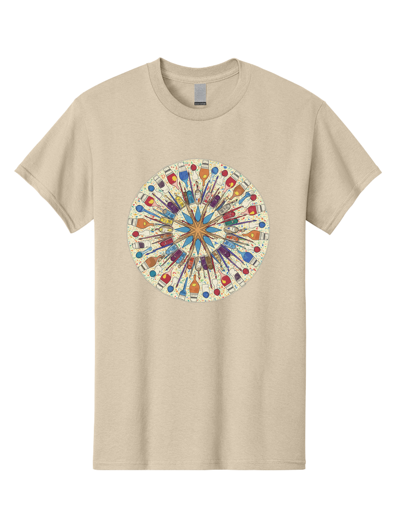 Paints-And-Brushes Men'S Graphic Tee, 100% Cotton, Comfortable Casual Summer Wear, Machine Washable, Mandala Art, Paint Bottles, Paint Brushes, Artistic Creativity, Vibrant Colors, Artistic Expression, Creative Design, Art Supplies, Bad398