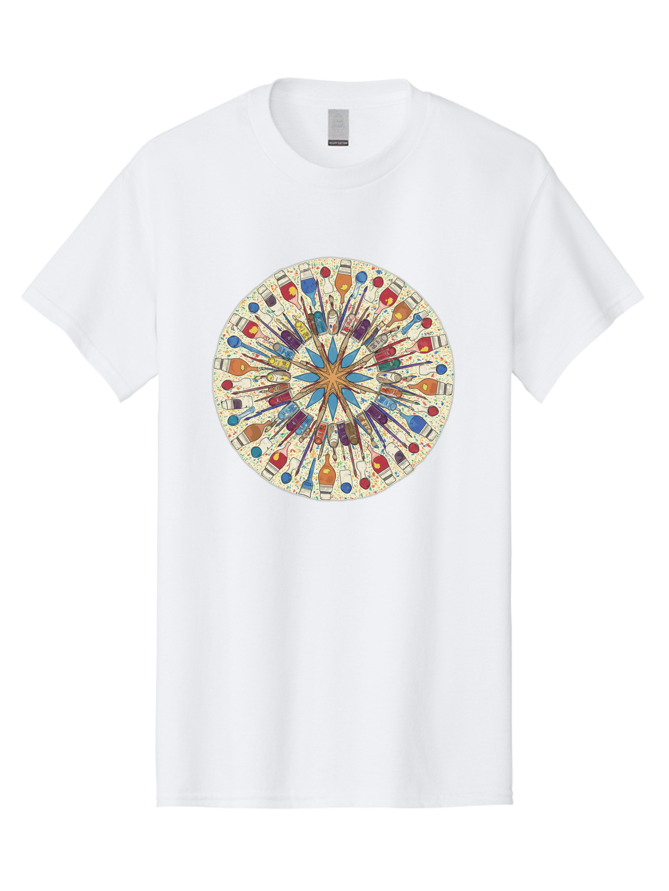 Paints-And-Brushes Men'S Graphic Tee, 100% Cotton, Comfortable Casual Summer Wear, Machine Washable, Mandala Art, Paint Bottles, Paint Brushes, Artistic Creativity, Vibrant Colors, Artistic Expression, Creative Design, Art Supplies, Bad398
