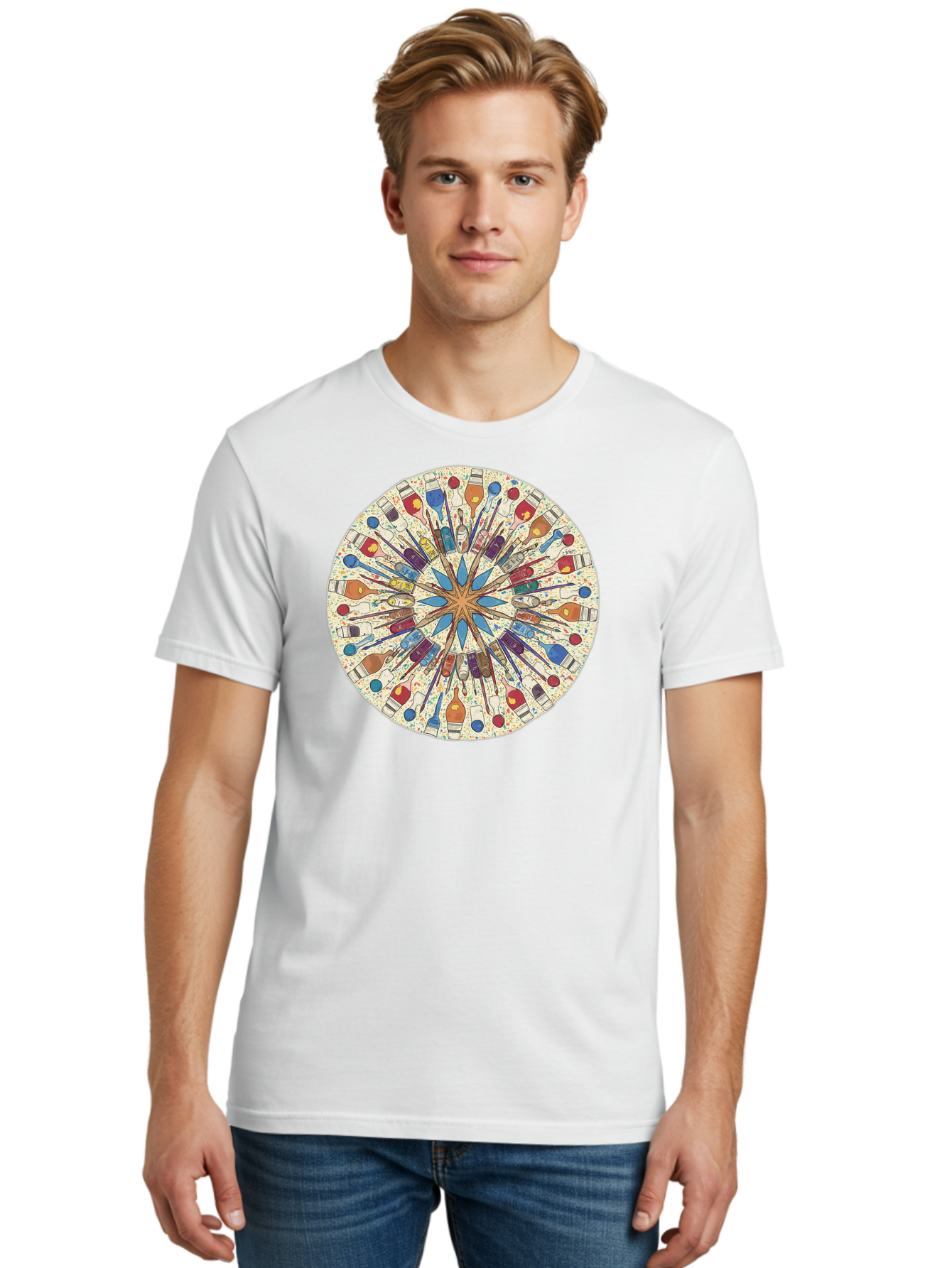 Paints-And-Brushes Men'S Graphic Tee, 100% Cotton, Comfortable Casual Summer Wear, Machine Washable, Mandala Art, Paint Bottles, Paint Brushes, Artistic Creativity, Vibrant Colors, Artistic Expression, Creative Design, Art Supplies, Bad398