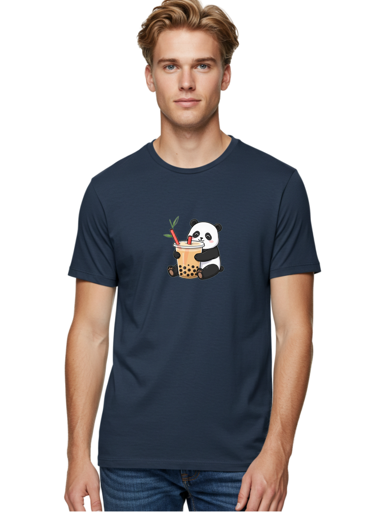 Panda-Bubble-Tea Men'S Graphic Tee, 100% Cotton, Comfortable Casual Summer Wear, Machine Washable, Cute Panda, Bubble Tea, Boba, Kawaii, Cartoon Character, Adorable, Tea Drink, Straw, Black Boba, Milk Tea, Happy Panda, Tea Lover, Boba Lover Bad399