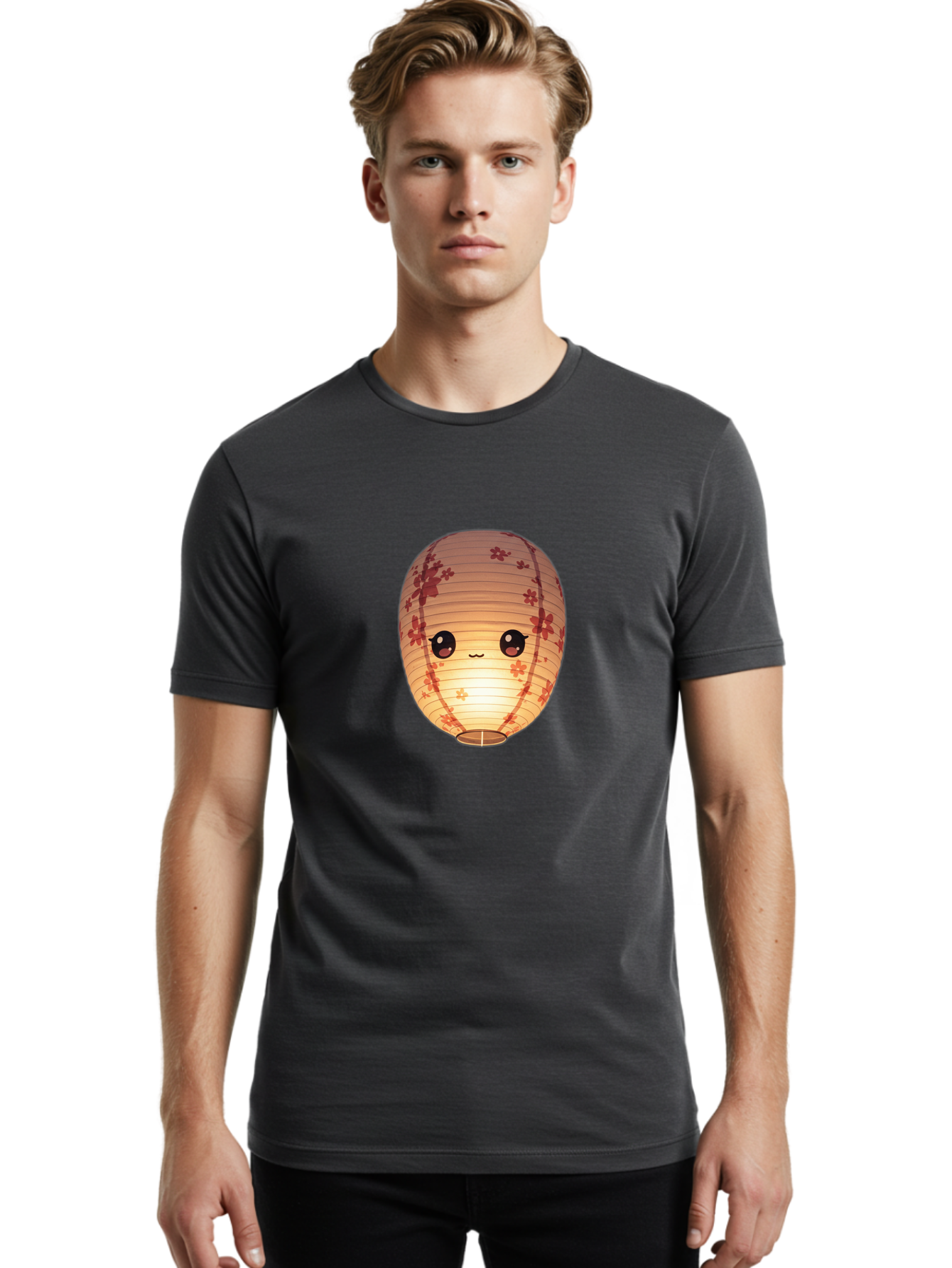 Paper-Lantern-1 Men'S Graphic Tee, 100% Cotton, Comfortable Casual Summer Wear, Machine Washable, Kawaii Paper Lantern, Red Flowers, Soft Lighting, Cute Emoji, Adorable Design, Lantern Art, Japanese Culture, Festive Decor Bad401