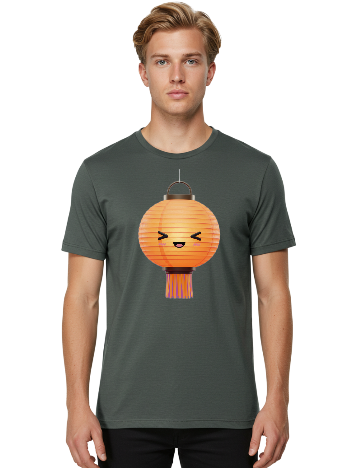 Paper-Lantern-3 Men'S Graphic Tee, 100% Cotton, Comfortable Casual Summer Wear, Machine Washable, Paper Lantern, Smiling Face, Hanging Decoration, Orange Color, Playful Design, Kawaii Style, Japanese Culture, Festive Atmosphere Bad403
