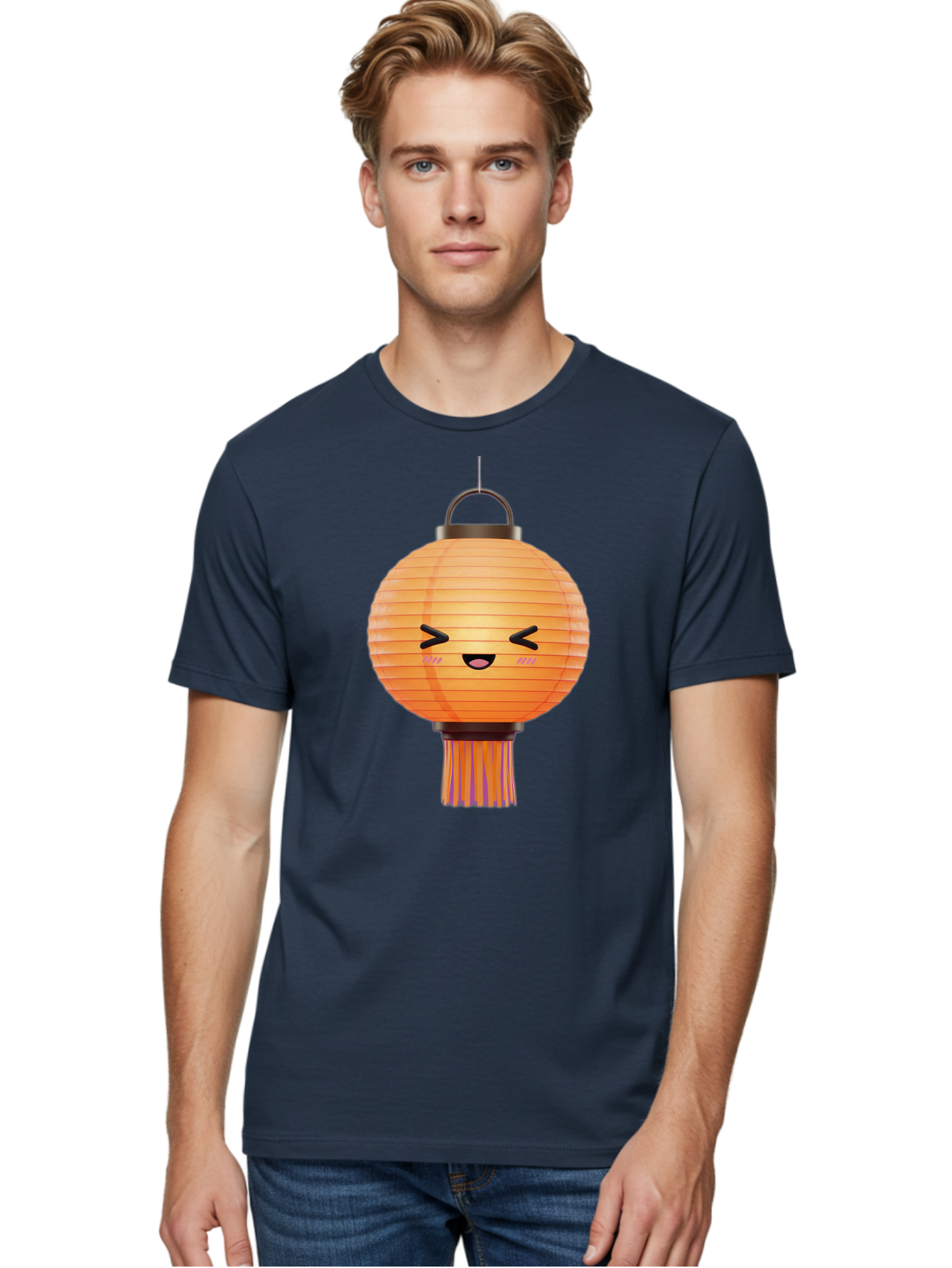Paper-Lantern-3 Men'S Graphic Tee, 100% Cotton, Comfortable Casual Summer Wear, Machine Washable, Paper Lantern, Smiling Face, Hanging Decoration, Orange Color, Playful Design, Kawaii Style, Japanese Culture, Festive Atmosphere Bad403