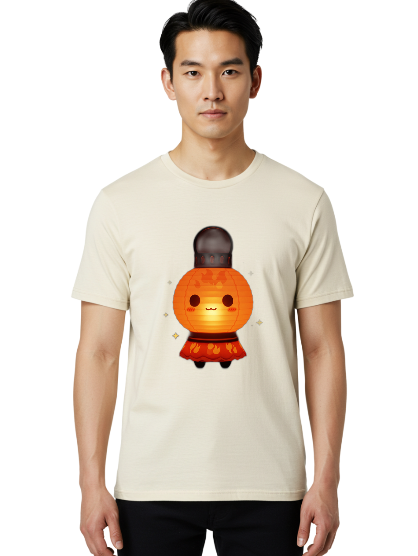 Paper-Lantern-Character-1 Men'S Graphic Tee, 100% Cotton, Comfortable Casual Summer Wear, Machine Washable, Kawaii Character, Paper Lantern, Cute Illustration, Cartoon Style, Orange Lantern, Red Skirt, Festive Atmosphere, Japanese Culture, Bad404