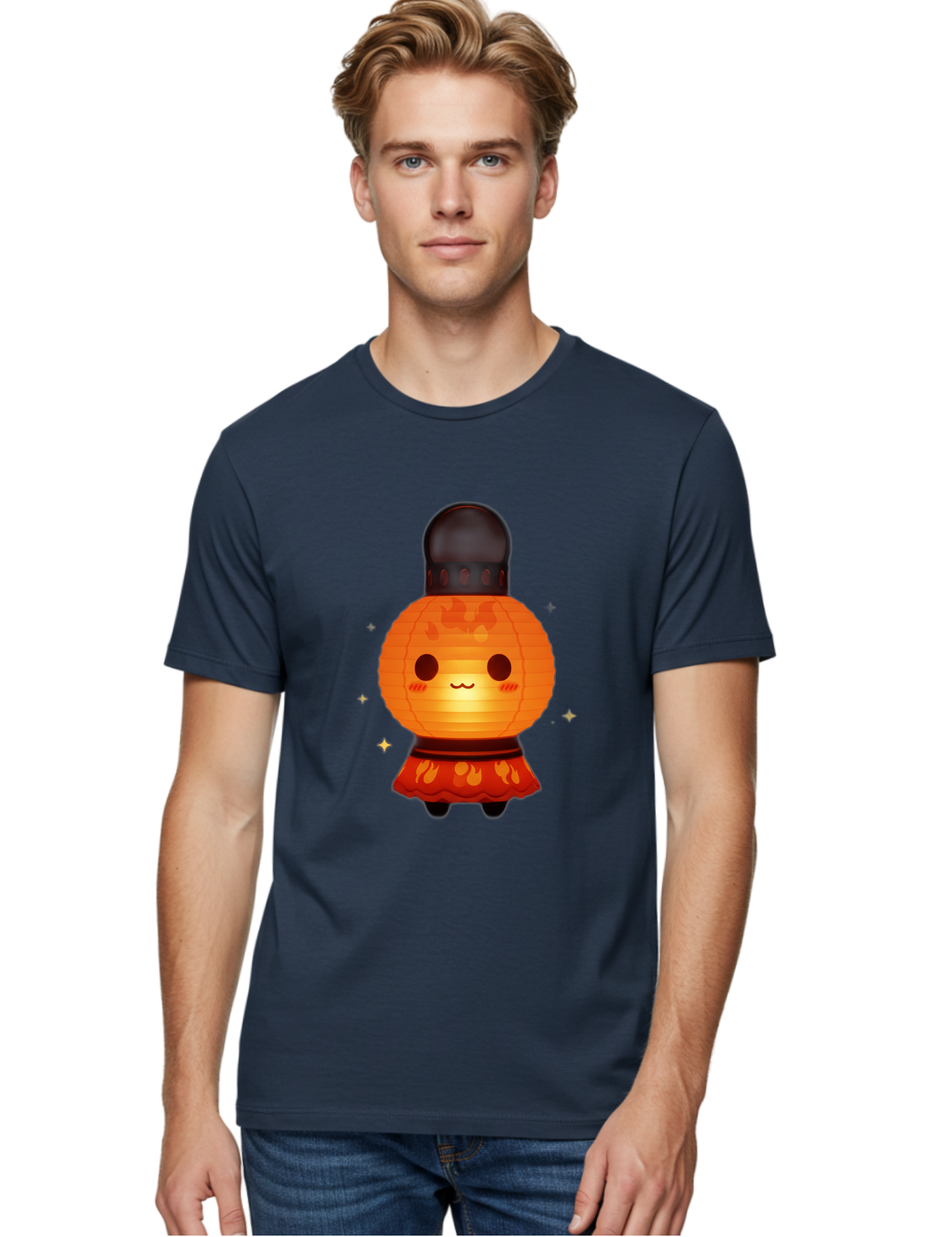 Paper-Lantern-Character-1 Men'S Graphic Tee, 100% Cotton, Comfortable Casual Summer Wear, Machine Washable, Kawaii Character, Paper Lantern, Cute Illustration, Cartoon Style, Orange Lantern, Red Skirt, Festive Atmosphere, Japanese Culture, Bad404
