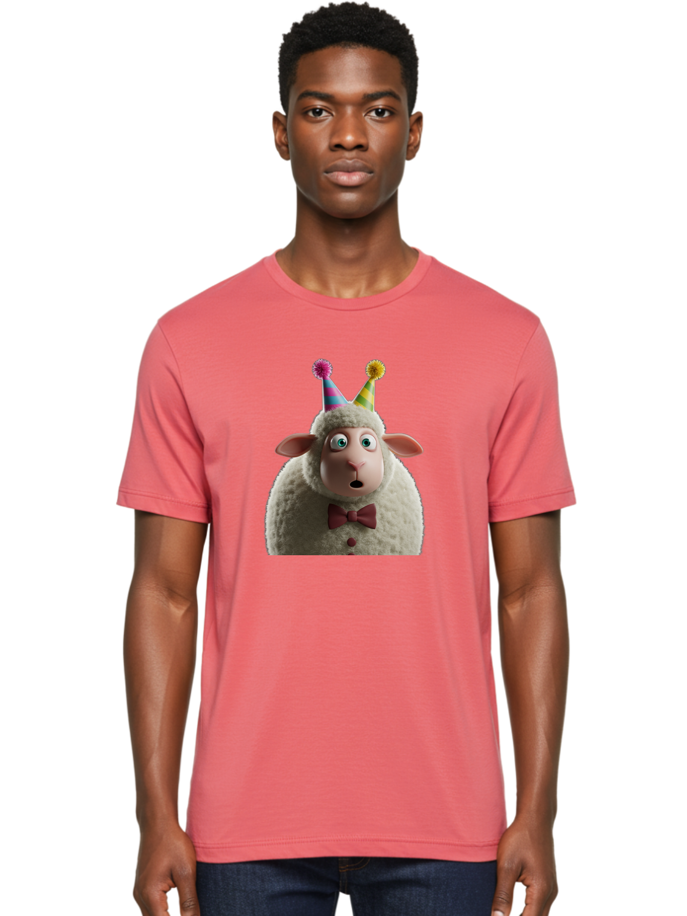 Party-Sheep Men'S Graphic Tee, 100% Cotton, Comfortable Casual Summer Wear, Machine Washable, Funny Sheep, Party Hat, Cute Animal, Surprised Expression, Cartoon Character, Festive Atmosphere, Humorous Illustration, Sheep Character, Bad408