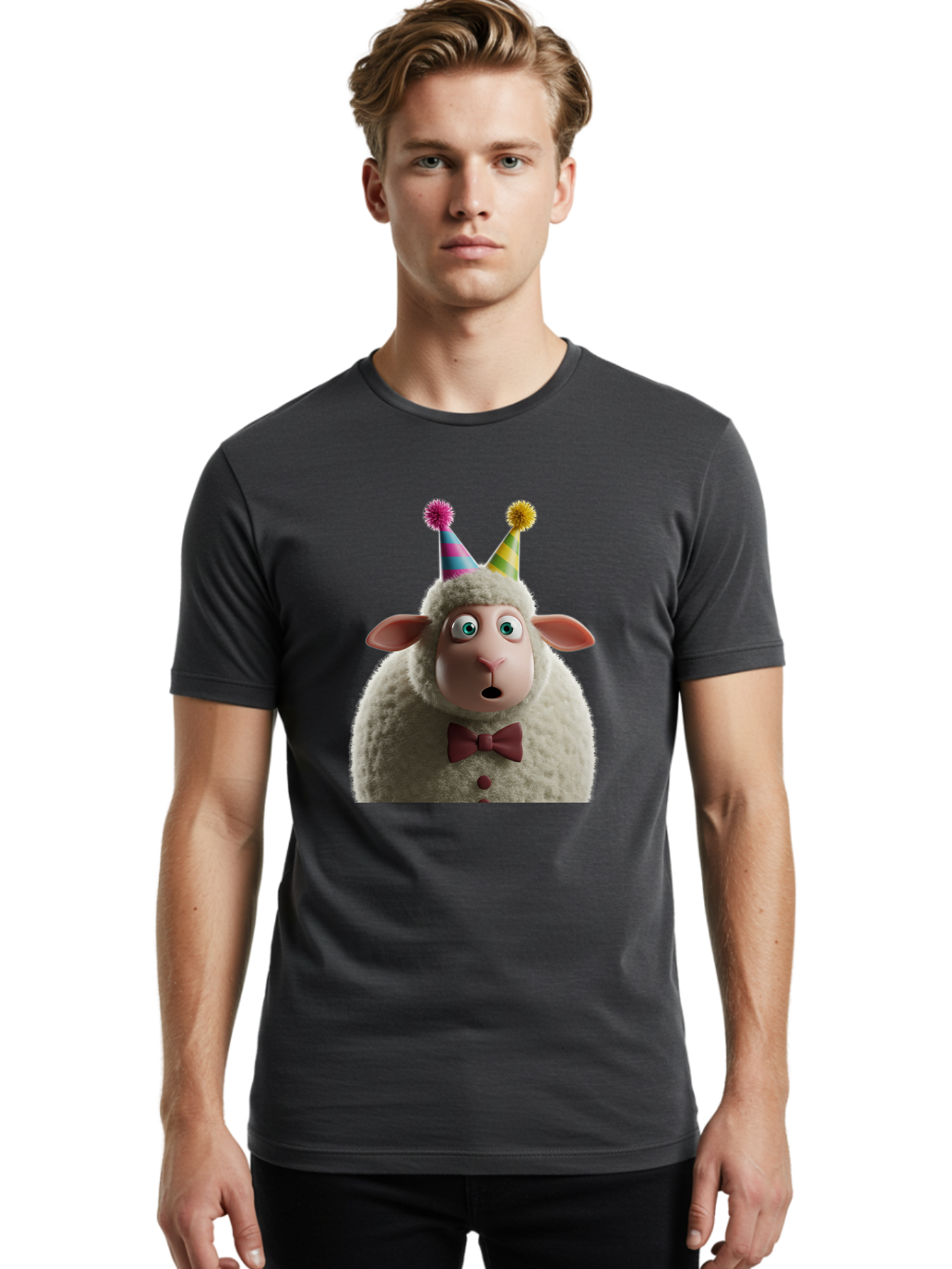 Party-Sheep Men'S Graphic Tee, 100% Cotton, Comfortable Casual Summer Wear, Machine Washable, Funny Sheep, Party Hat, Cute Animal, Surprised Expression, Cartoon Character, Festive Atmosphere, Humorous Illustration, Sheep Character, Bad408