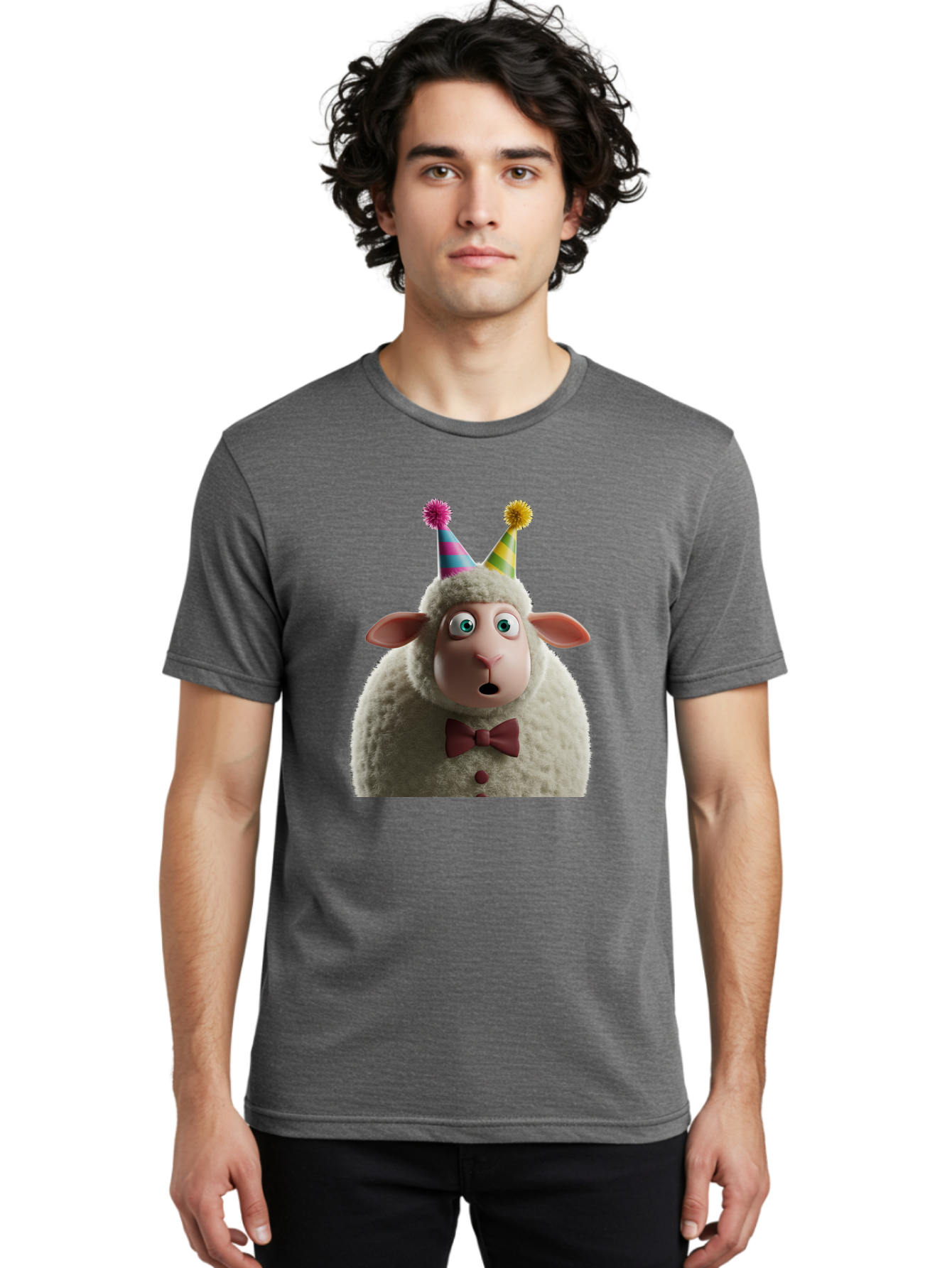 Party-Sheep Men'S Graphic Tee, 100% Cotton, Comfortable Casual Summer Wear, Machine Washable, Funny Sheep, Party Hat, Cute Animal, Surprised Expression, Cartoon Character, Festive Atmosphere, Humorous Illustration, Sheep Character, Bad408