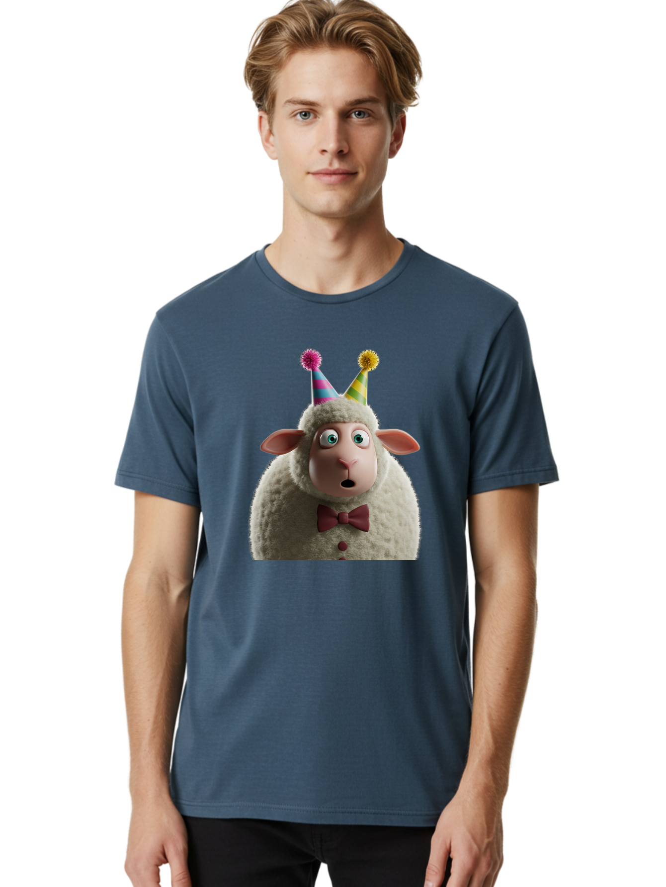 Party-Sheep Men'S Graphic Tee, 100% Cotton, Comfortable Casual Summer Wear, Machine Washable, Funny Sheep, Party Hat, Cute Animal, Surprised Expression, Cartoon Character, Festive Atmosphere, Humorous Illustration, Sheep Character, Bad408