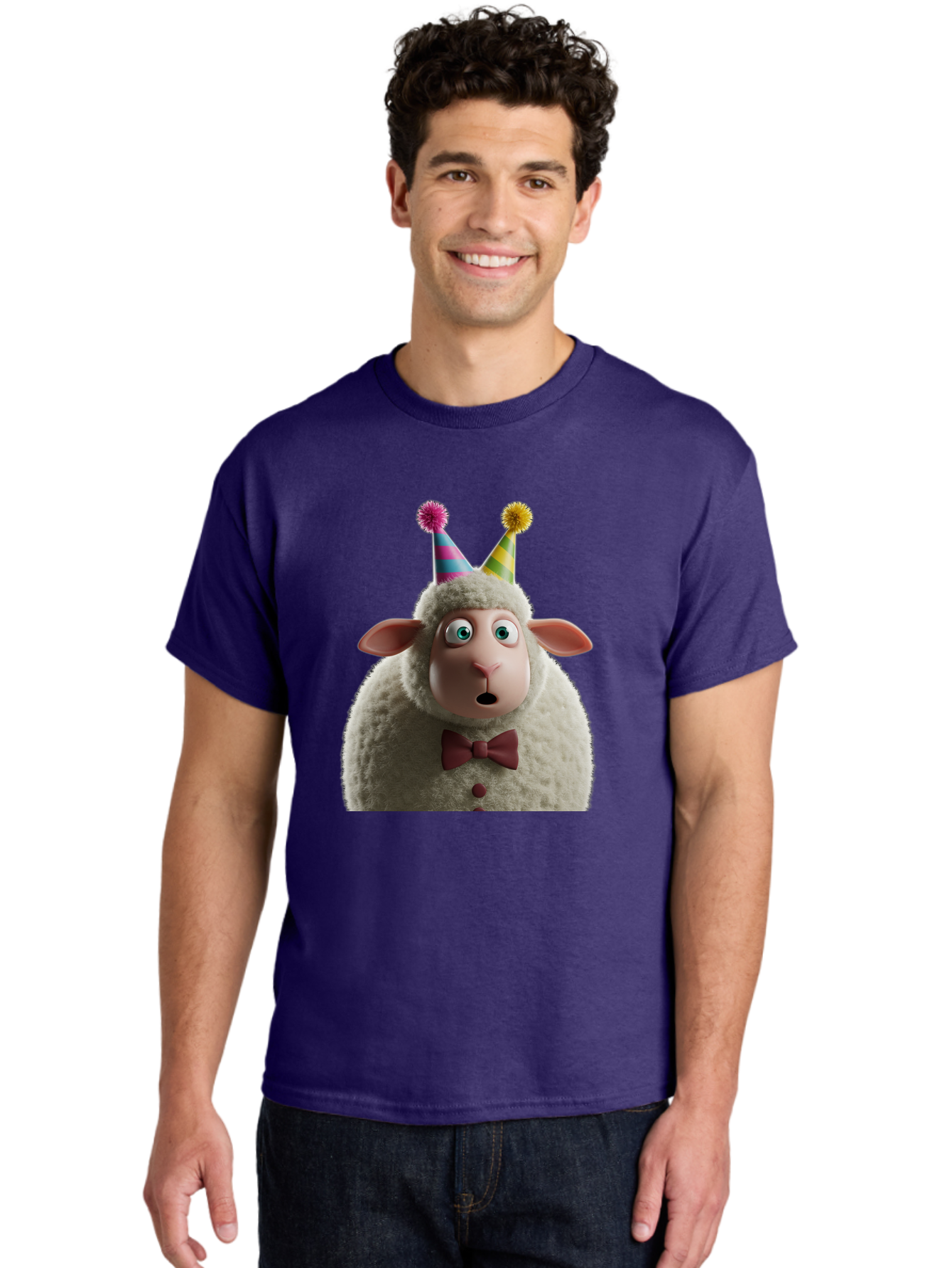 Party-Sheep Men'S Graphic Tee, 100% Cotton, Comfortable Casual Summer Wear, Machine Washable, Funny Sheep, Party Hat, Cute Animal, Surprised Expression, Cartoon Character, Festive Atmosphere, Humorous Illustration, Sheep Character, Bad408