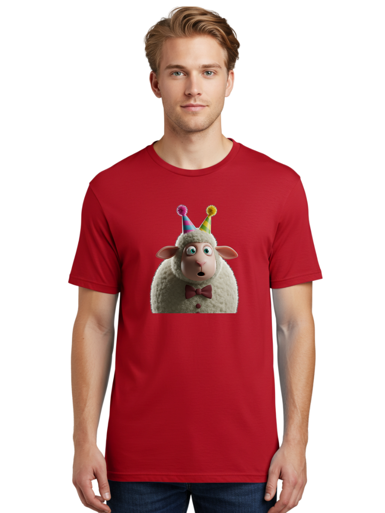 Party-Sheep Men'S Graphic Tee, 100% Cotton, Comfortable Casual Summer Wear, Machine Washable, Funny Sheep, Party Hat, Cute Animal, Surprised Expression, Cartoon Character, Festive Atmosphere, Humorous Illustration, Sheep Character, Bad408