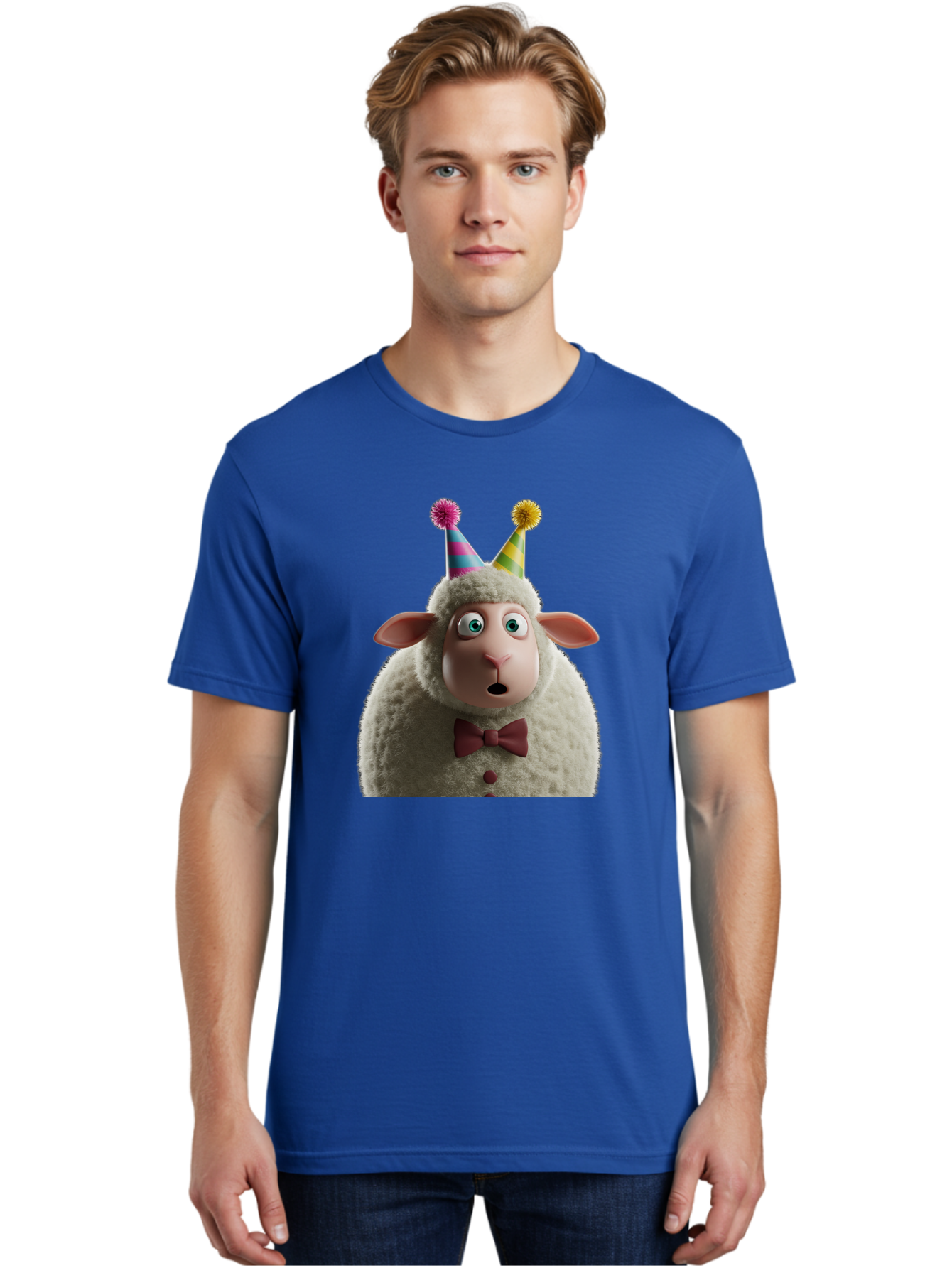 Party-Sheep Men'S Graphic Tee, 100% Cotton, Comfortable Casual Summer Wear, Machine Washable, Funny Sheep, Party Hat, Cute Animal, Surprised Expression, Cartoon Character, Festive Atmosphere, Humorous Illustration, Sheep Character, Bad408
