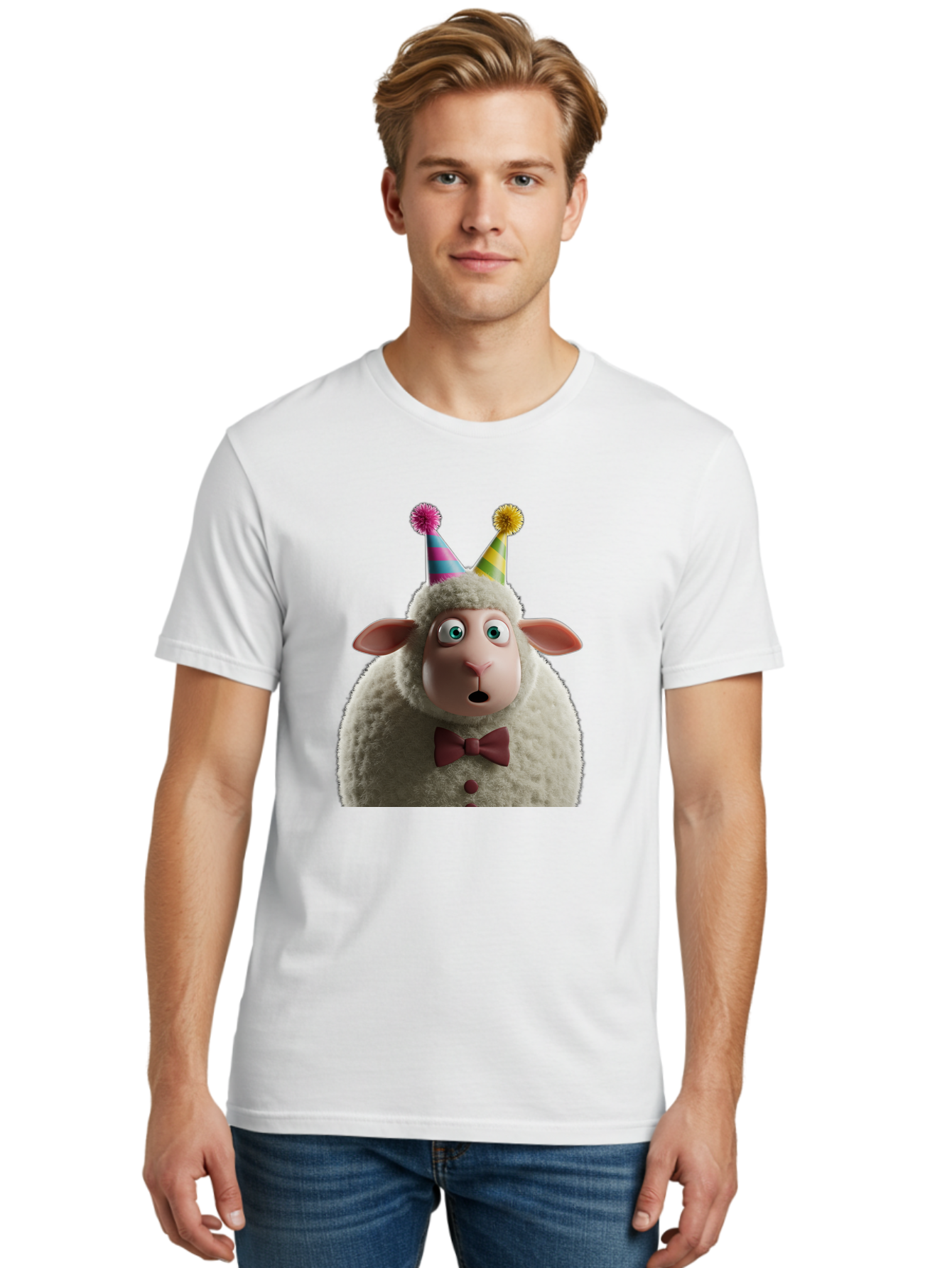 Party-Sheep Men'S Graphic Tee, 100% Cotton, Comfortable Casual Summer Wear, Machine Washable, Funny Sheep, Party Hat, Cute Animal, Surprised Expression, Cartoon Character, Festive Atmosphere, Humorous Illustration, Sheep Character, Bad408