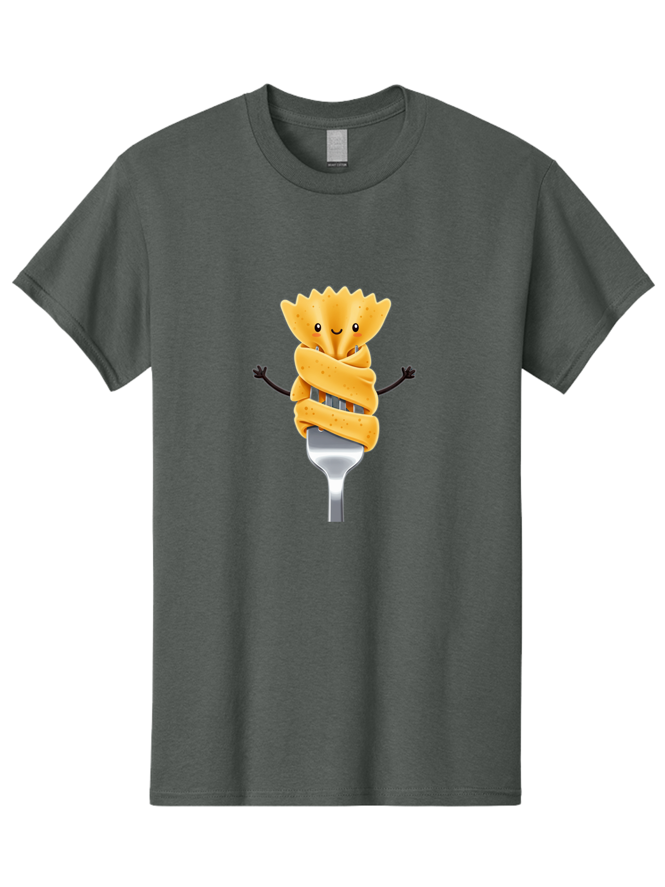Pasta-Character Men'S Graphic Tee, 100% Cotton, Comfortable Casual Summer Wear, Machine Washable, Pasta On A Fork, Cartoon Character, Happy Expression, Fork Prongs, Pasta Wrapping, Playful Food, Whimsical Illustration, Fun Mealtime, Bad409