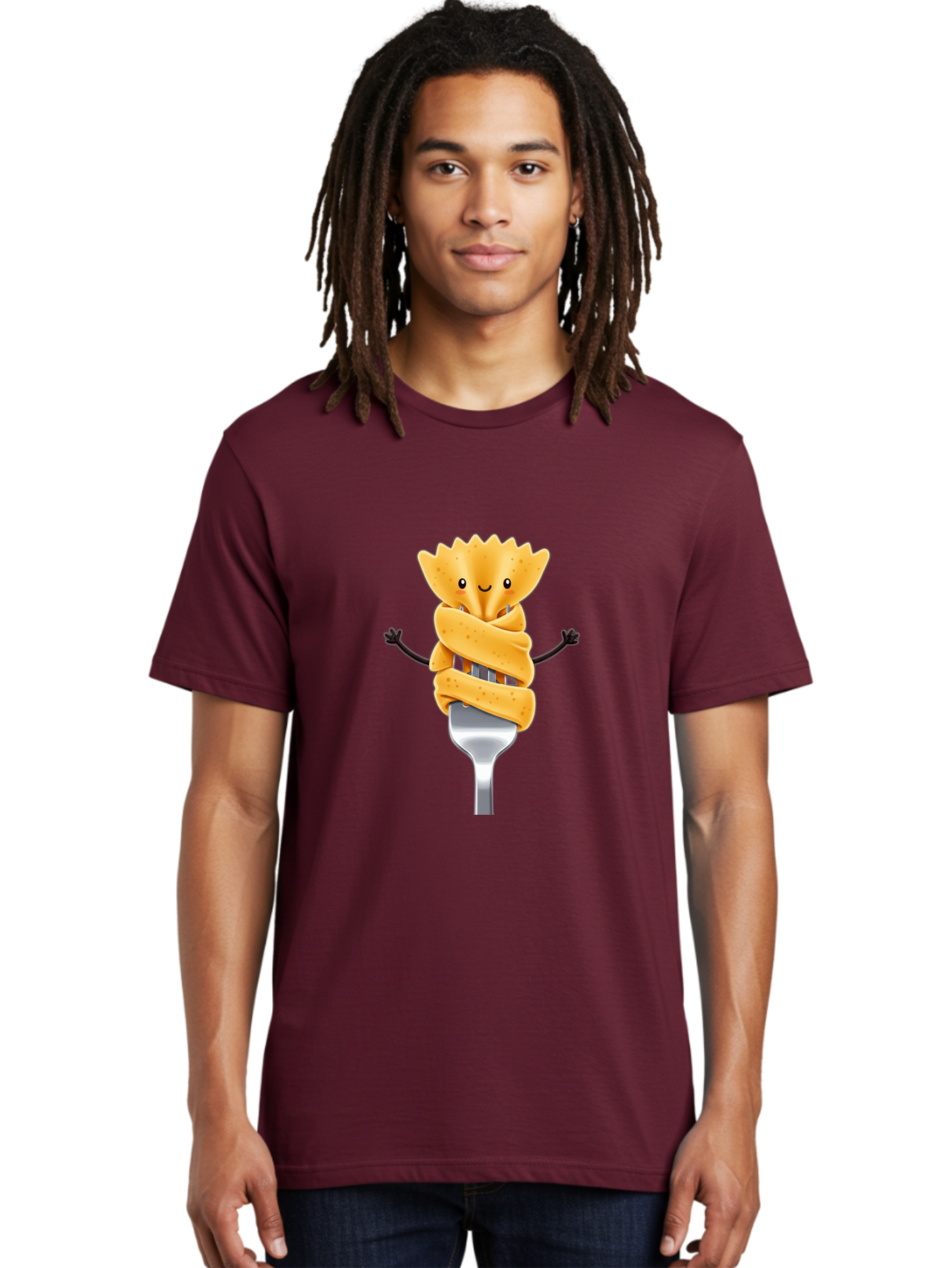 Pasta-Character Men'S Graphic Tee, 100% Cotton, Comfortable Casual Summer Wear, Machine Washable, Pasta On A Fork, Cartoon Character, Happy Expression, Fork Prongs, Pasta Wrapping, Playful Food, Whimsical Illustration, Fun Mealtime, Bad409