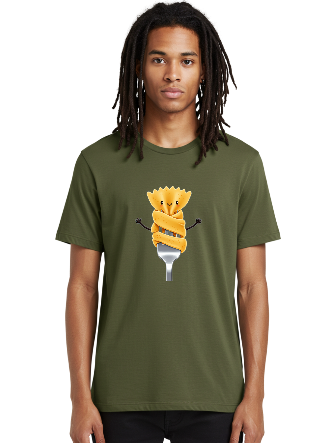 Pasta-Character Men'S Graphic Tee, 100% Cotton, Comfortable Casual Summer Wear, Machine Washable, Pasta On A Fork, Cartoon Character, Happy Expression, Fork Prongs, Pasta Wrapping, Playful Food, Whimsical Illustration, Fun Mealtime, Bad409