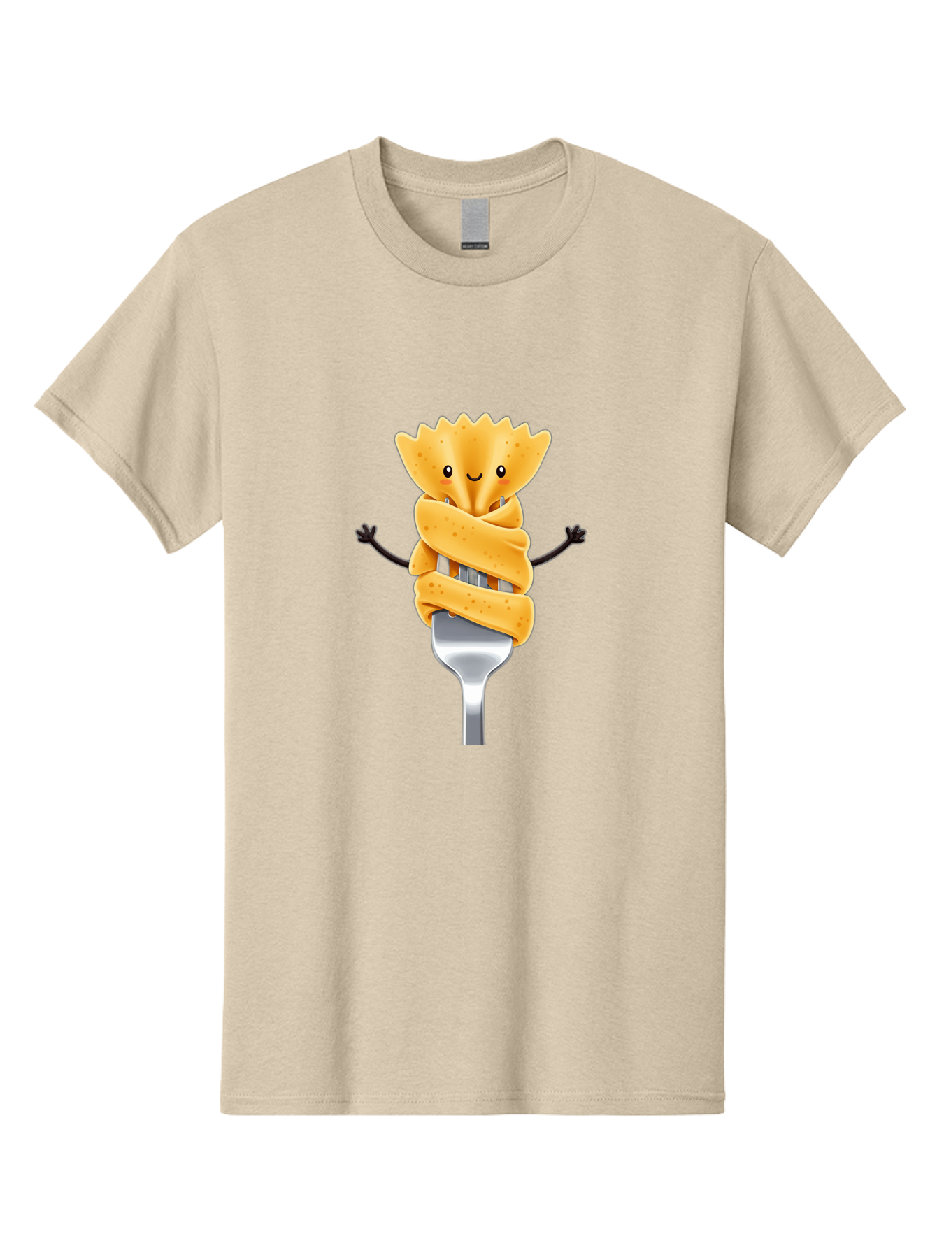 Pasta-Character Men'S Graphic Tee, 100% Cotton, Comfortable Casual Summer Wear, Machine Washable, Pasta On A Fork, Cartoon Character, Happy Expression, Fork Prongs, Pasta Wrapping, Playful Food, Whimsical Illustration, Fun Mealtime, Bad409