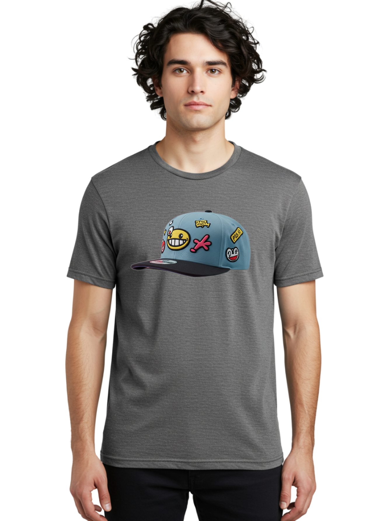 Pawz Men'S Graphic Tee, 100% Cotton, Comfortable Casual Summer Wear, Machine Washable, Streetwear Baseball Cap, Paul G Patches, Cartoon Smiley Face, Fashion Accessory, Street Style, Youth Culture, Graphic Design Bad410