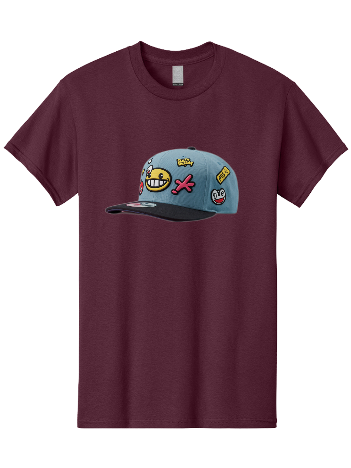 Pawz Men'S Graphic Tee, 100% Cotton, Comfortable Casual Summer Wear, Machine Washable, Streetwear Baseball Cap, Paul G Patches, Cartoon Smiley Face, Fashion Accessory, Street Style, Youth Culture, Graphic Design Bad410