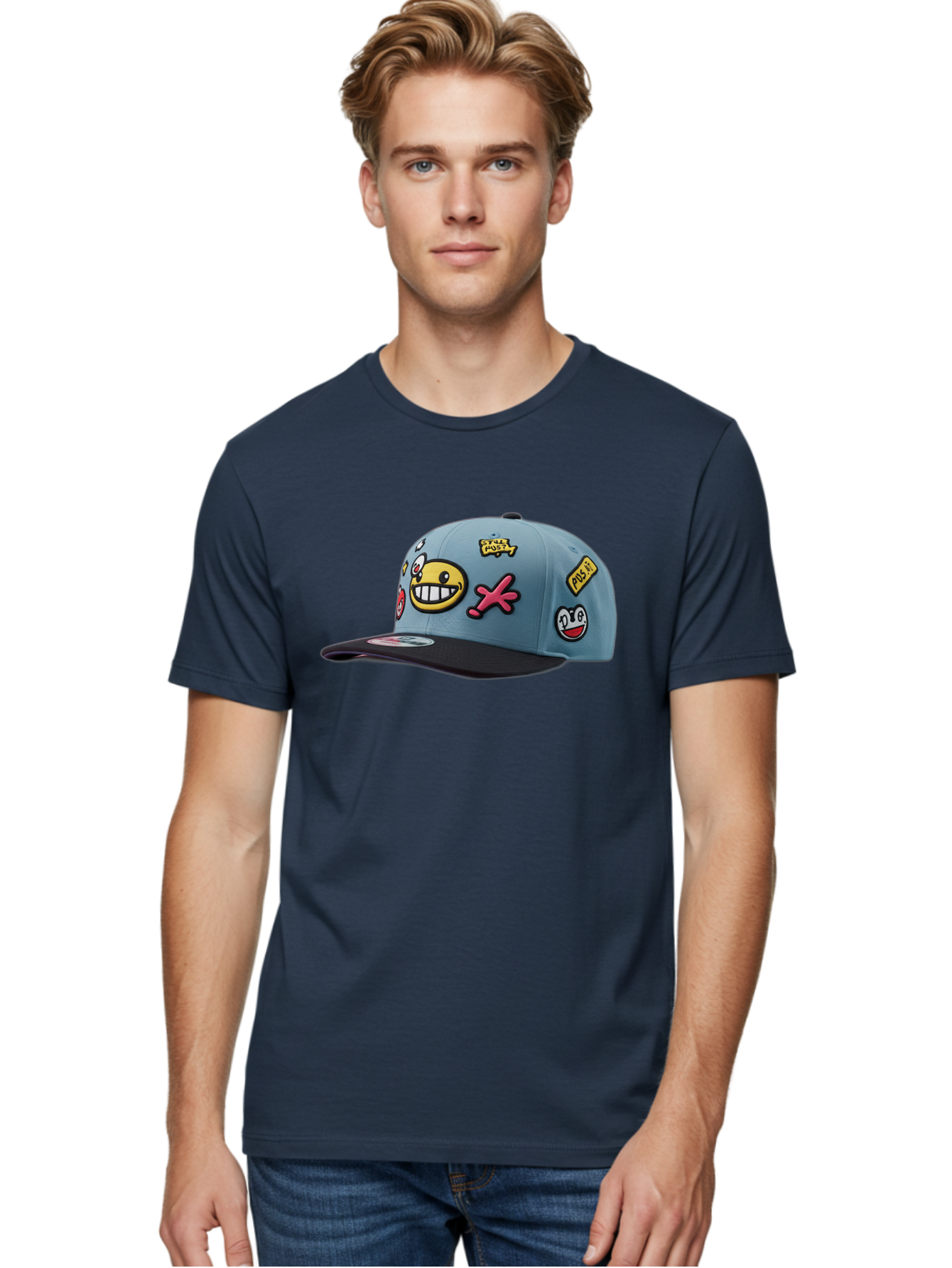 Pawz Men'S Graphic Tee, 100% Cotton, Comfortable Casual Summer Wear, Machine Washable, Streetwear Baseball Cap, Paul G Patches, Cartoon Smiley Face, Fashion Accessory, Street Style, Youth Culture, Graphic Design Bad410