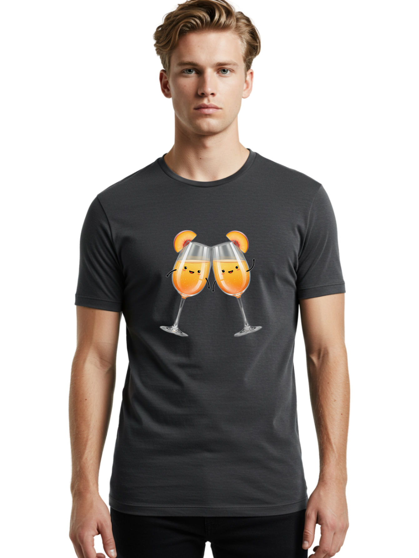 Peach-Bellini Men'S Graphic Tee, 100% Cotton, Comfortable Casual Summer Wear, Machine Washable, Peach Bellini Cocktail, Champagne Flutes, Cartoon Characters, Peach Slices, Festive Drinks, Happy Hour, Cocktail Party, Celebratory Toast Bad411