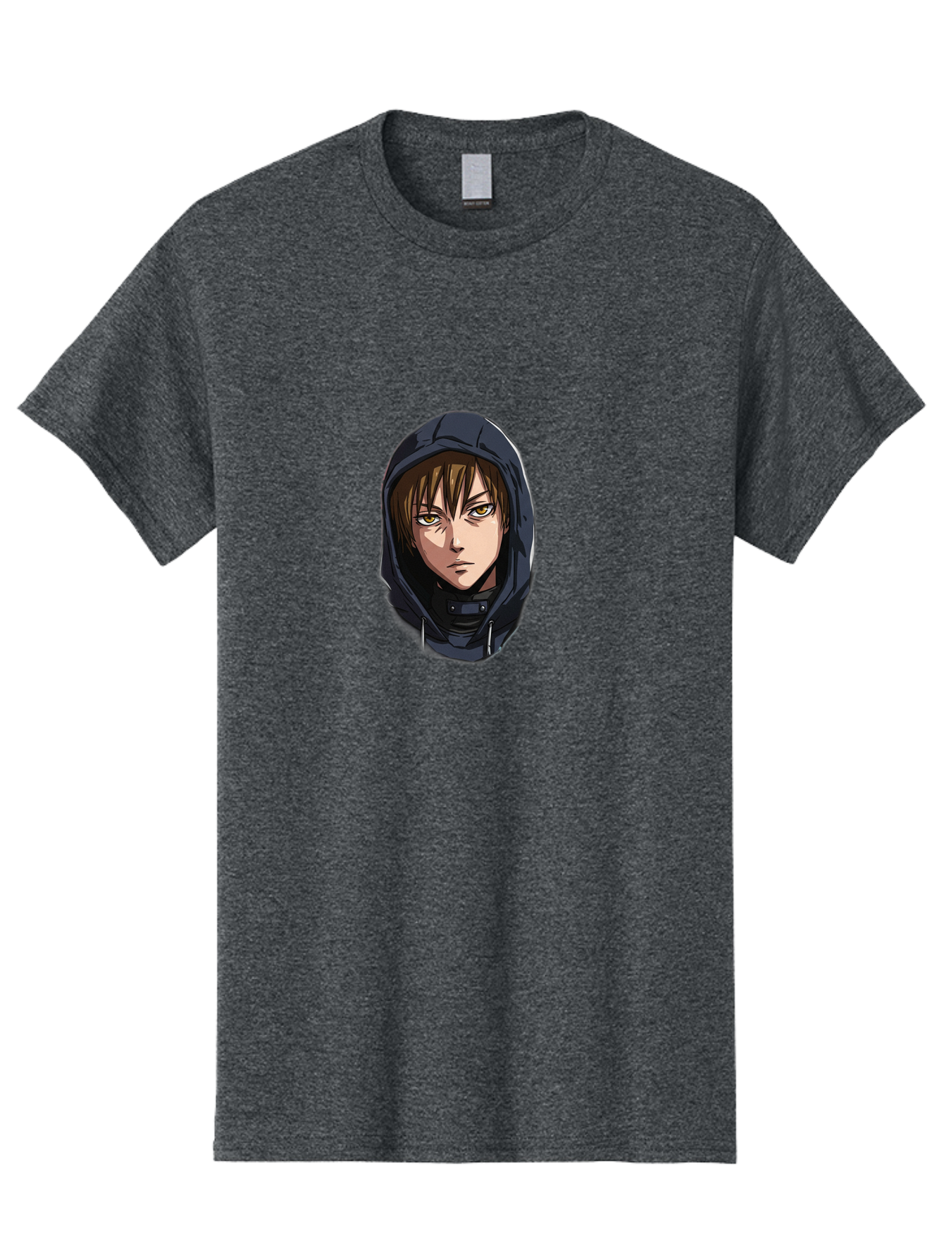 Person-Wearing-Hoodie Men'S Graphic Tee, 100% Cotton, Comfortable Casual Summer Wear, Machine Washable, Anime Female Character, Hooded Figure, Mysterious Woman, Dark Clothing, Intense Gaze, Green Eyes, Anime Art, Cartoon Character, Bad412