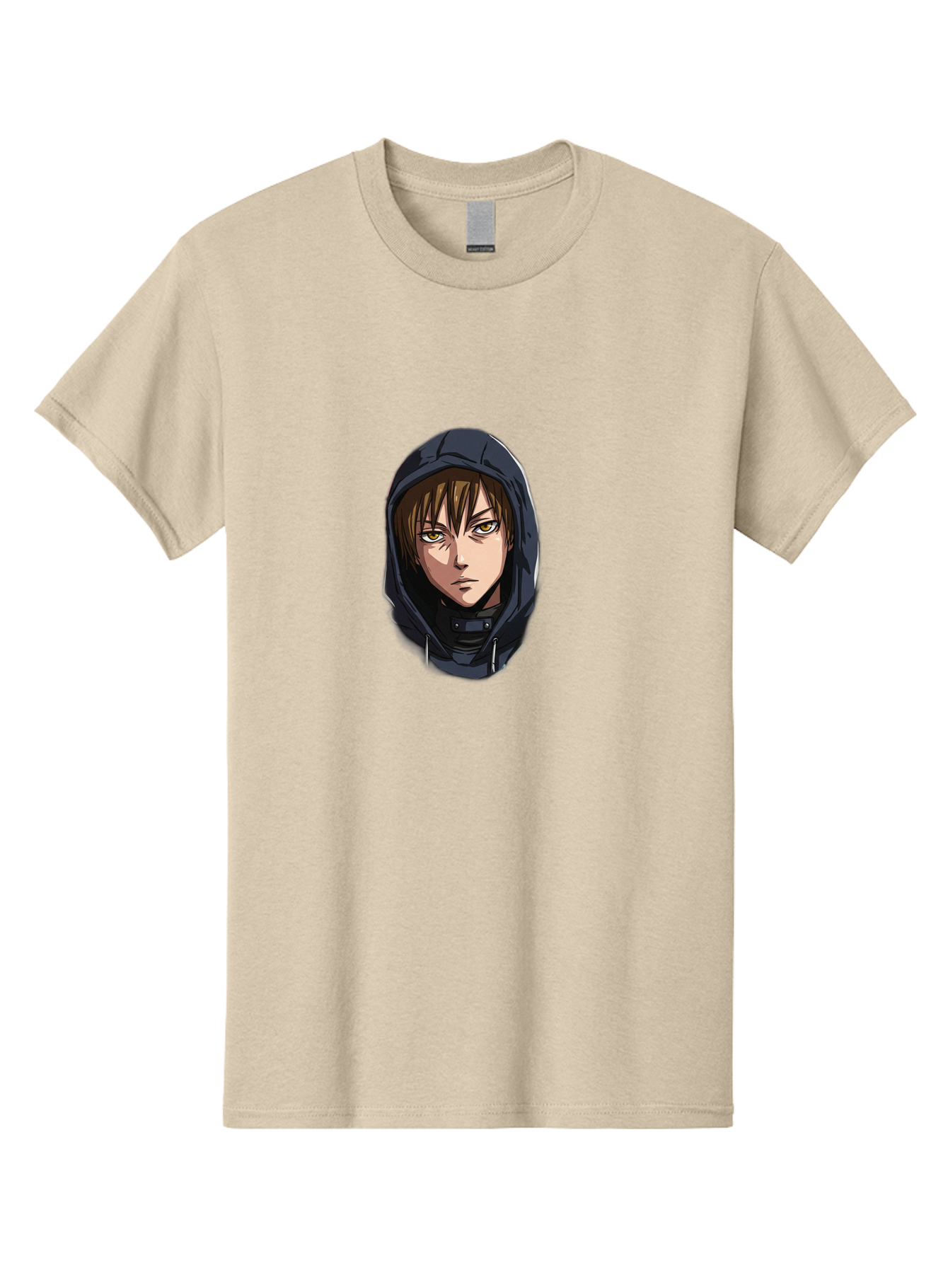 Person-Wearing-Hoodie Men'S Graphic Tee, 100% Cotton, Comfortable Casual Summer Wear, Machine Washable, Anime Female Character, Hooded Figure, Mysterious Woman, Dark Clothing, Intense Gaze, Green Eyes, Anime Art, Cartoon Character, Bad412