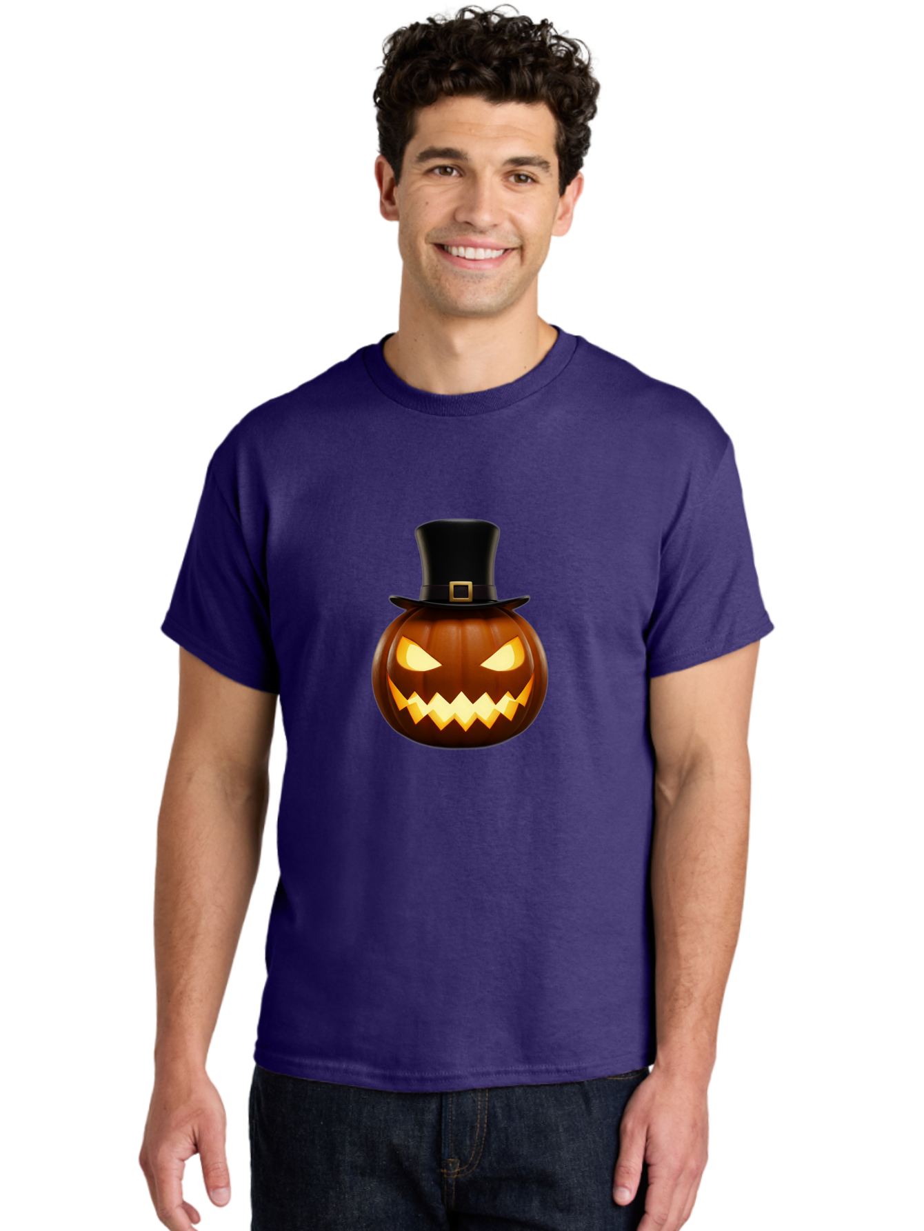 Pilgrim-Jack-O-Lantern Men'S Graphic Tee, 100% Cotton, Comfortable Casual Summer Wear, Machine Washable, Carved Pumpkin, Jack-O'-Lantern, Halloween Decorations, Spooky Atmosphere, Glowing Eyes, Pilgrim Hat, Autumnal Festivities, Bad414